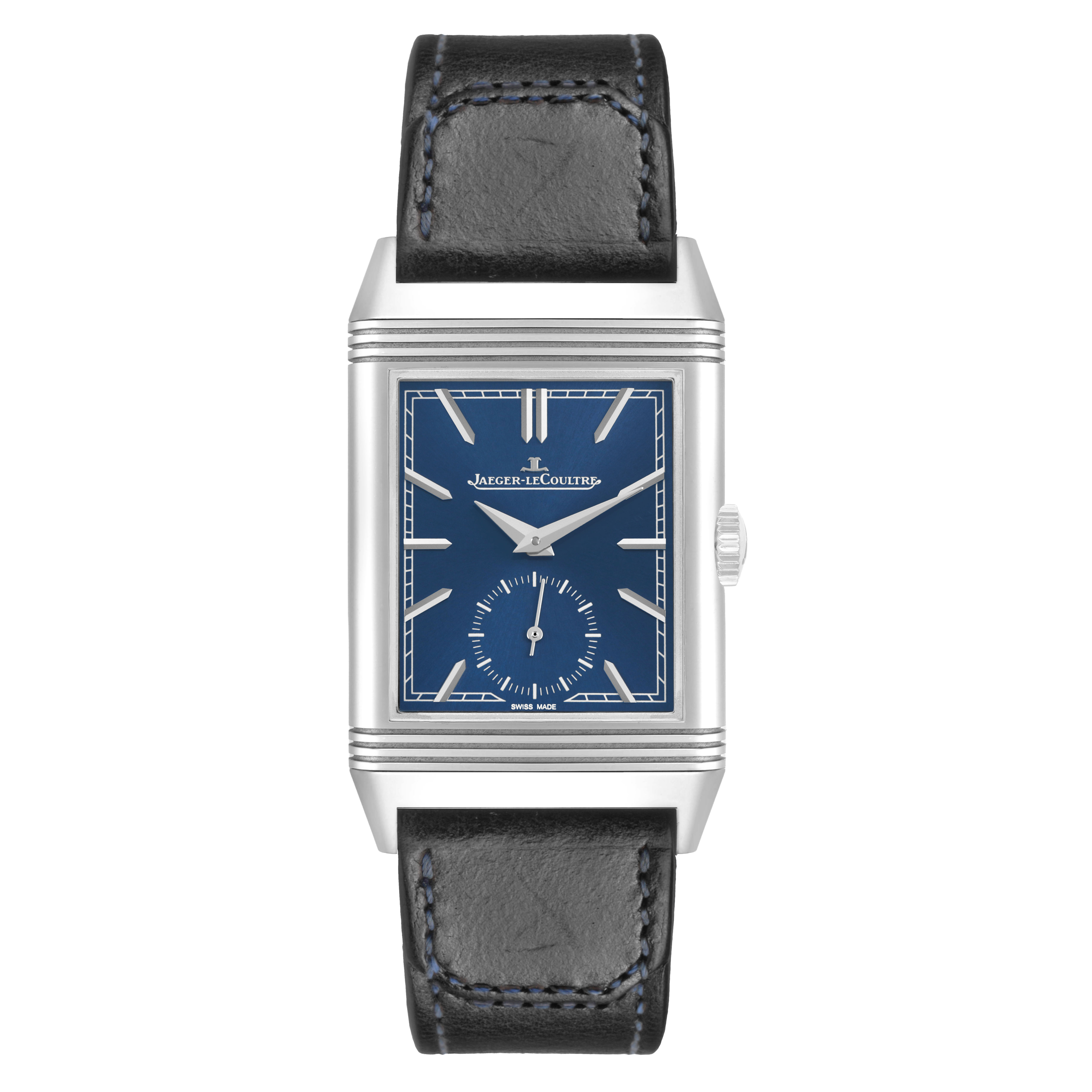 The Jaeger LeCoultre Reverso Q3978480 Men's Stainless Steel Blue Dial watch is shown from the front, highlighting its rectangular face and black leather strap.