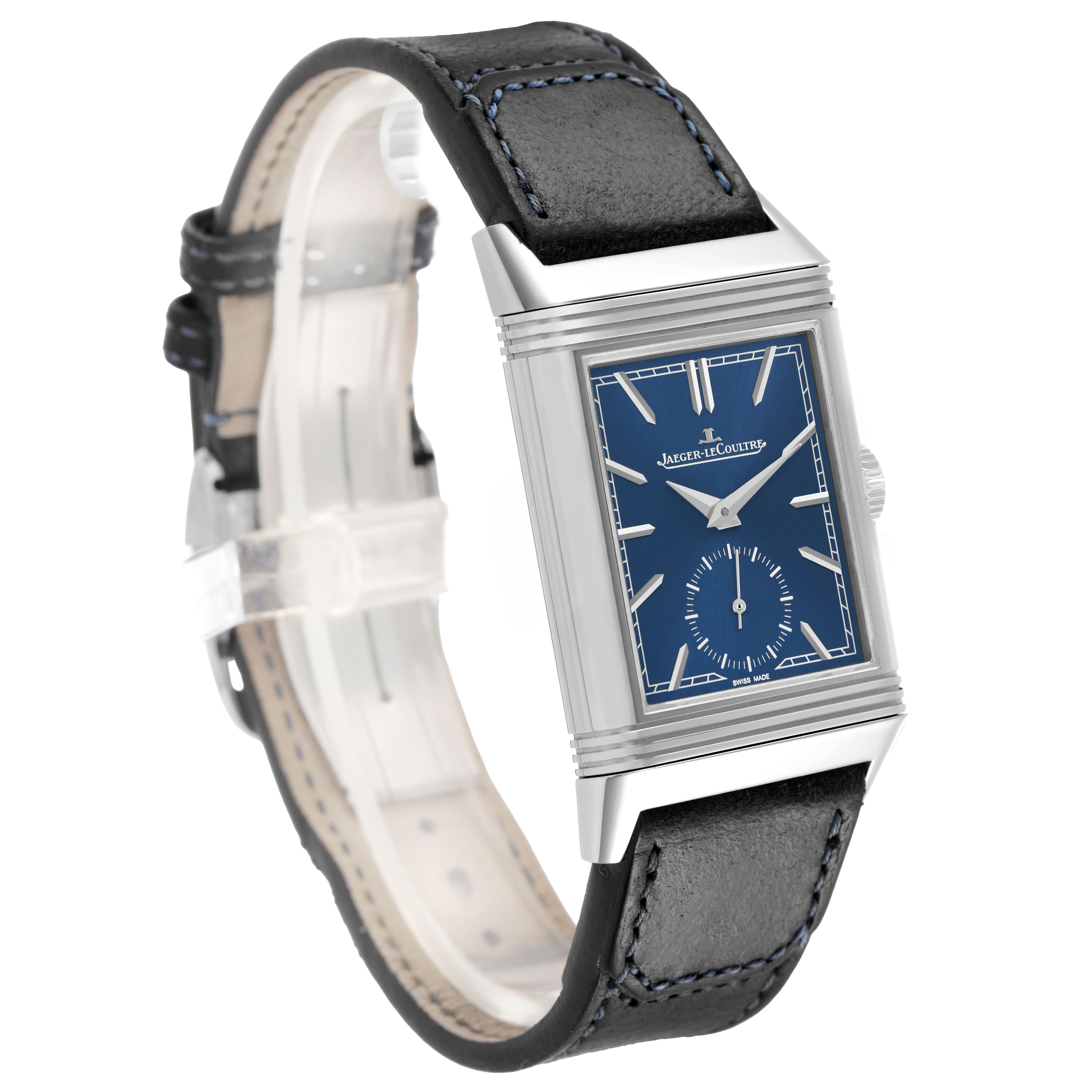 The Jaeger-LeCoultre Reverso watch is shown from a front angle, highlighting the blue dial, case, and leather strap.