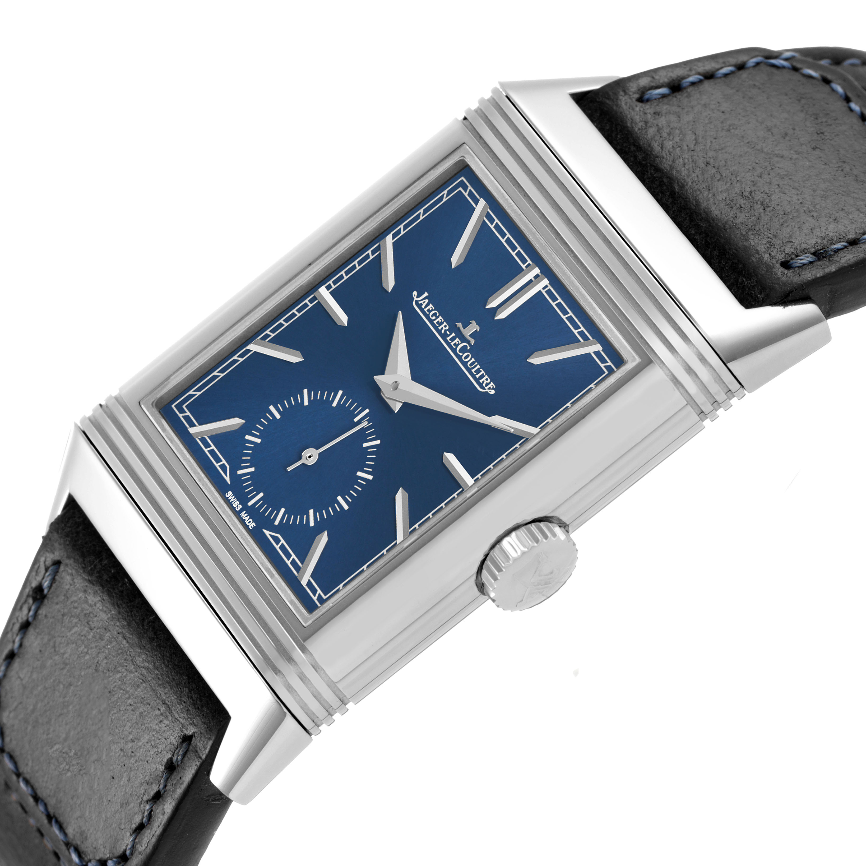 The Jaeger-LeCoultre Reverso watch is shown at an angled side view, highlighting the blue dial, crown, and leather strap.