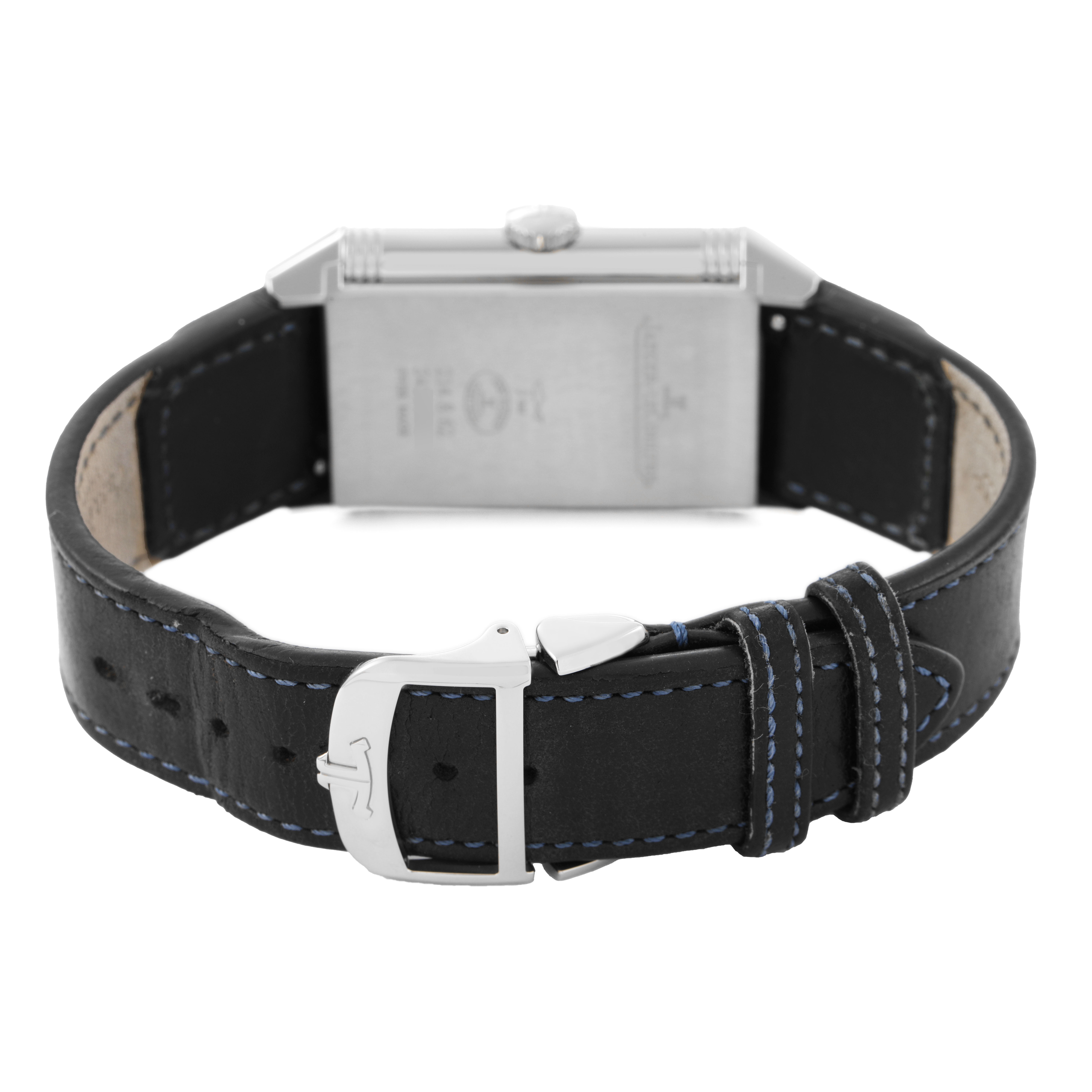 The image shows the Jaeger LeCoultre Reverso Q3978480 Men's Stainless Steel Blue Dial watch from the back, highlighting the case and black leather strap with a buckle.