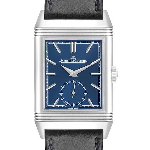 The Jaeger-LeCoultre Reverso watch is shown from the front, displaying the blue dial, hour markers, hands, and crown.