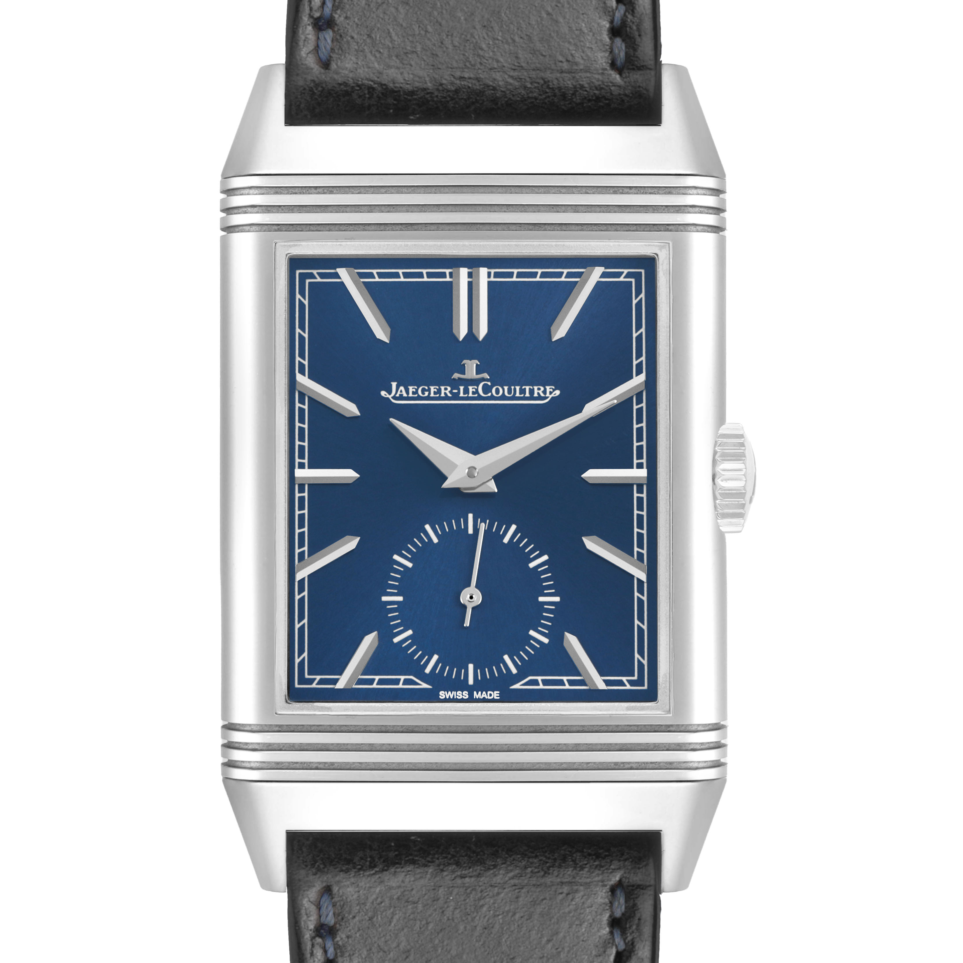 The image shows a front view of the Jaeger-LeCoultre Reverso watch, highlighting the blue dial and rectangular case.