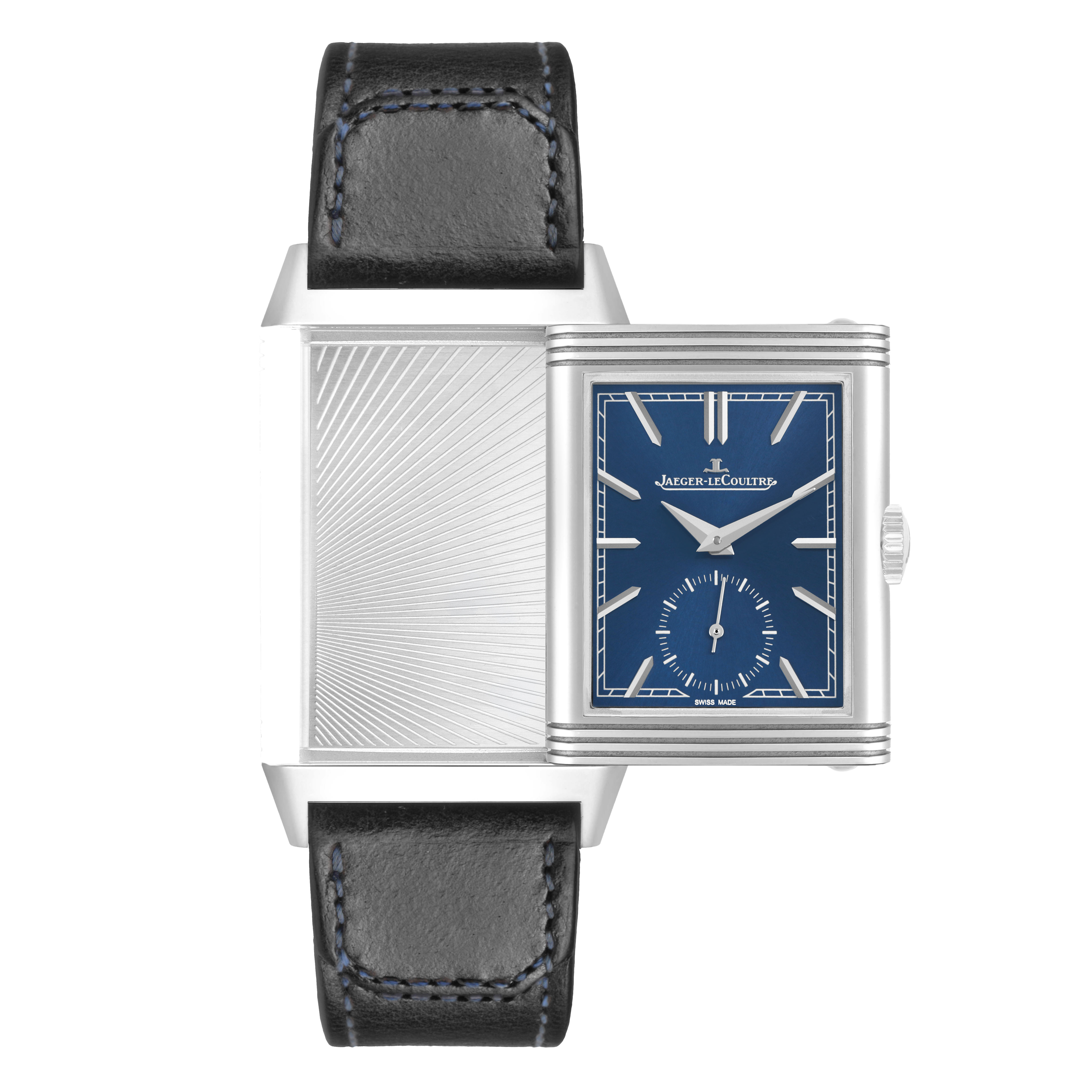 The Jaeger LeCoultre Reverso Q3978480 Men's Stainless Steel Blue Dial watch is shown from the front with an open case, revealing both the dial and the decorative reverse side.