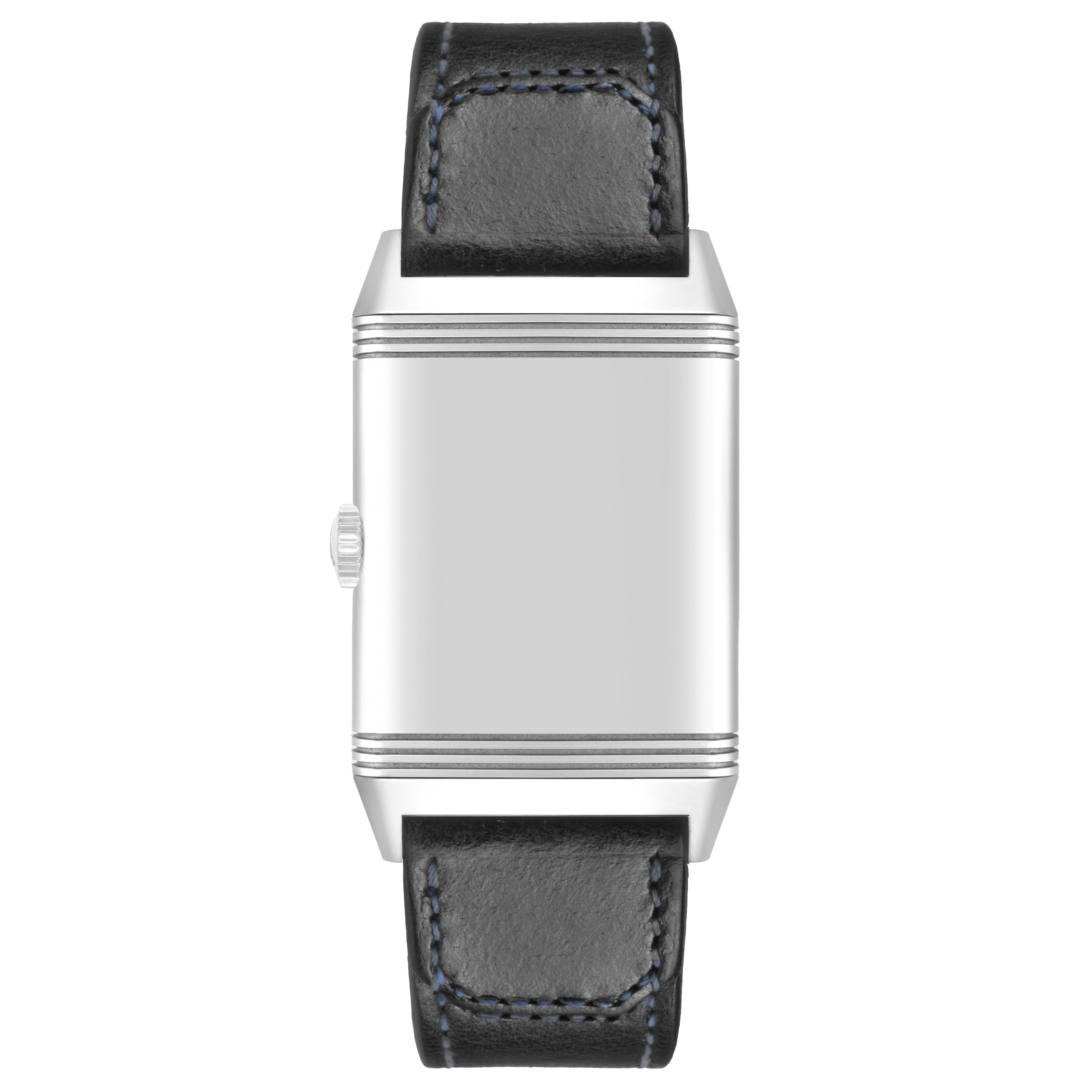 The image shows a front view of the Jaeger LeCoultre Reverso Q3978480 Men's Stainless Steel Blue Dial model with its case flipped to the blank side, featuring the crown and leather strap.