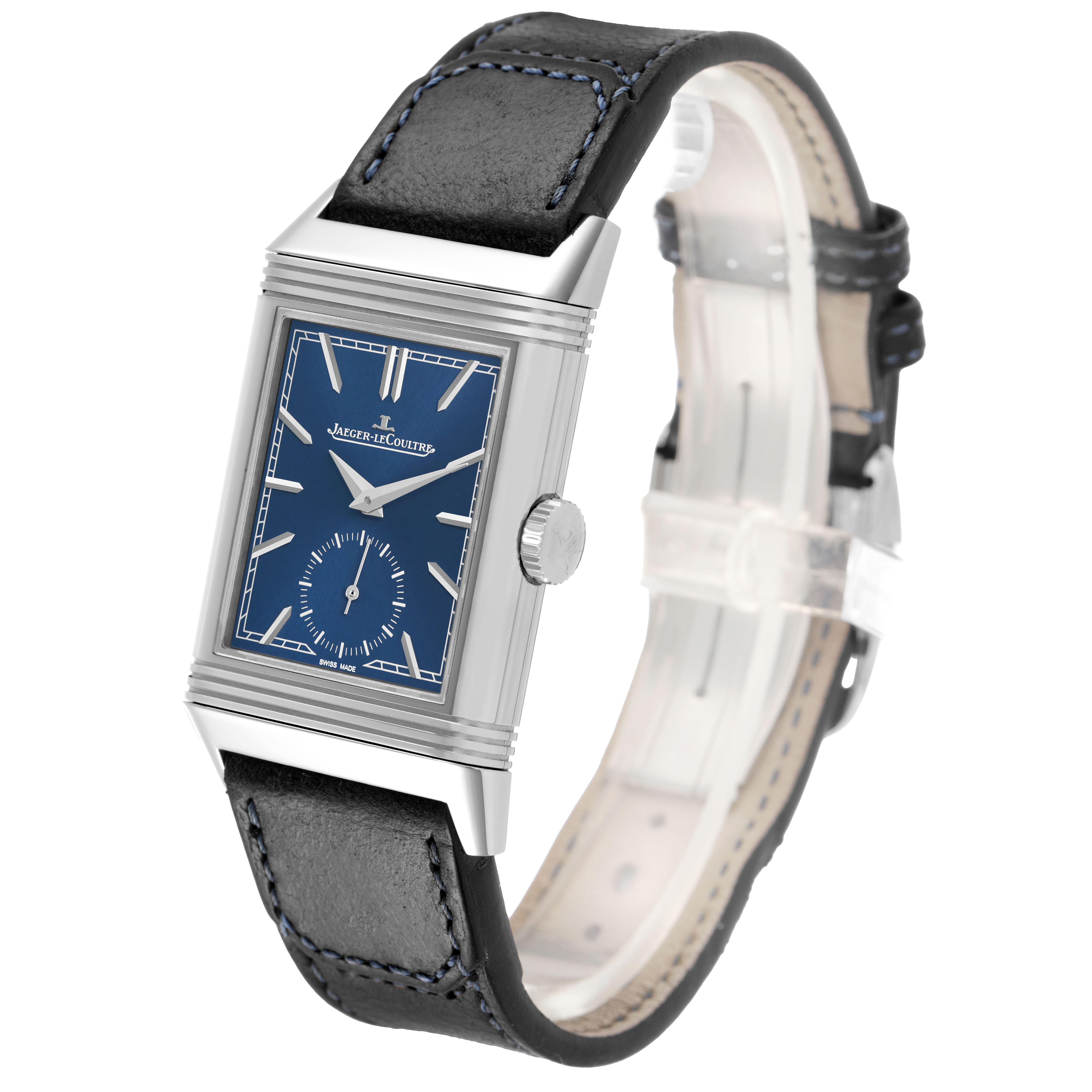 The Jaeger LeCoultre Reverso Q3978480 Men's Stainless Steel Blue Dial watch is shown at a slight angle, highlighting its rectangular face, crown, and leather strap.