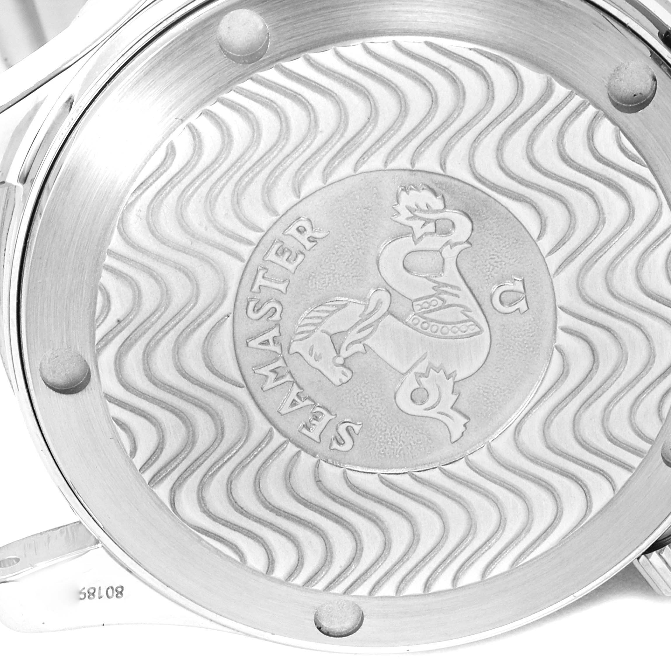 The image shows the engraved case back of an Omega Seamaster 2252.50.00 Men's Stainless Steel Black Dial 2252.50.00 Men's Stainless Steel Black Dial watch.