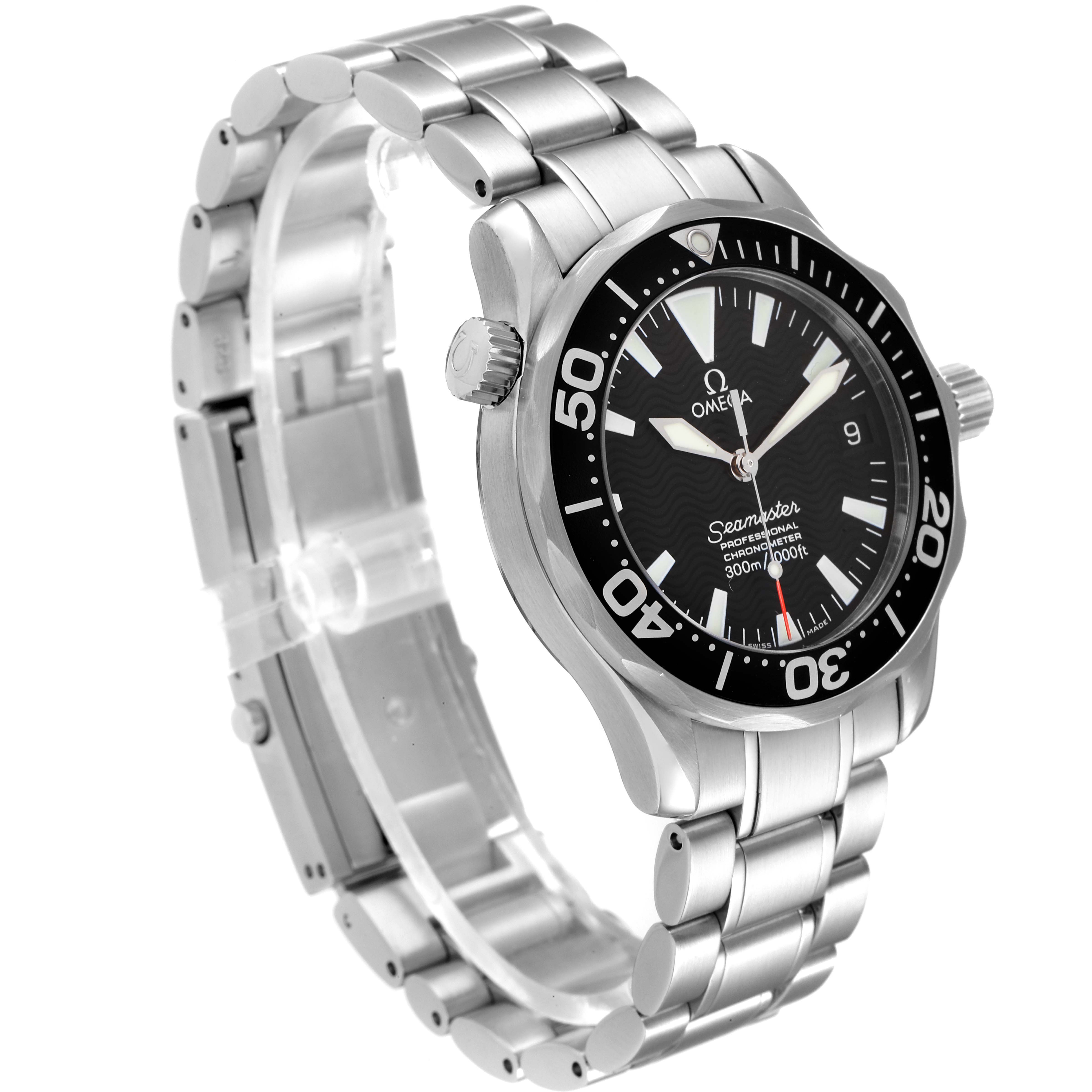 The image shows a side view of the Omega Seamaster 2252.50.00 Men's Stainless Steel Black Dial 2252.50.00 Men's Stainless Steel Black Dial, highlighting the dial, bezel, crown, and metal bracelet.