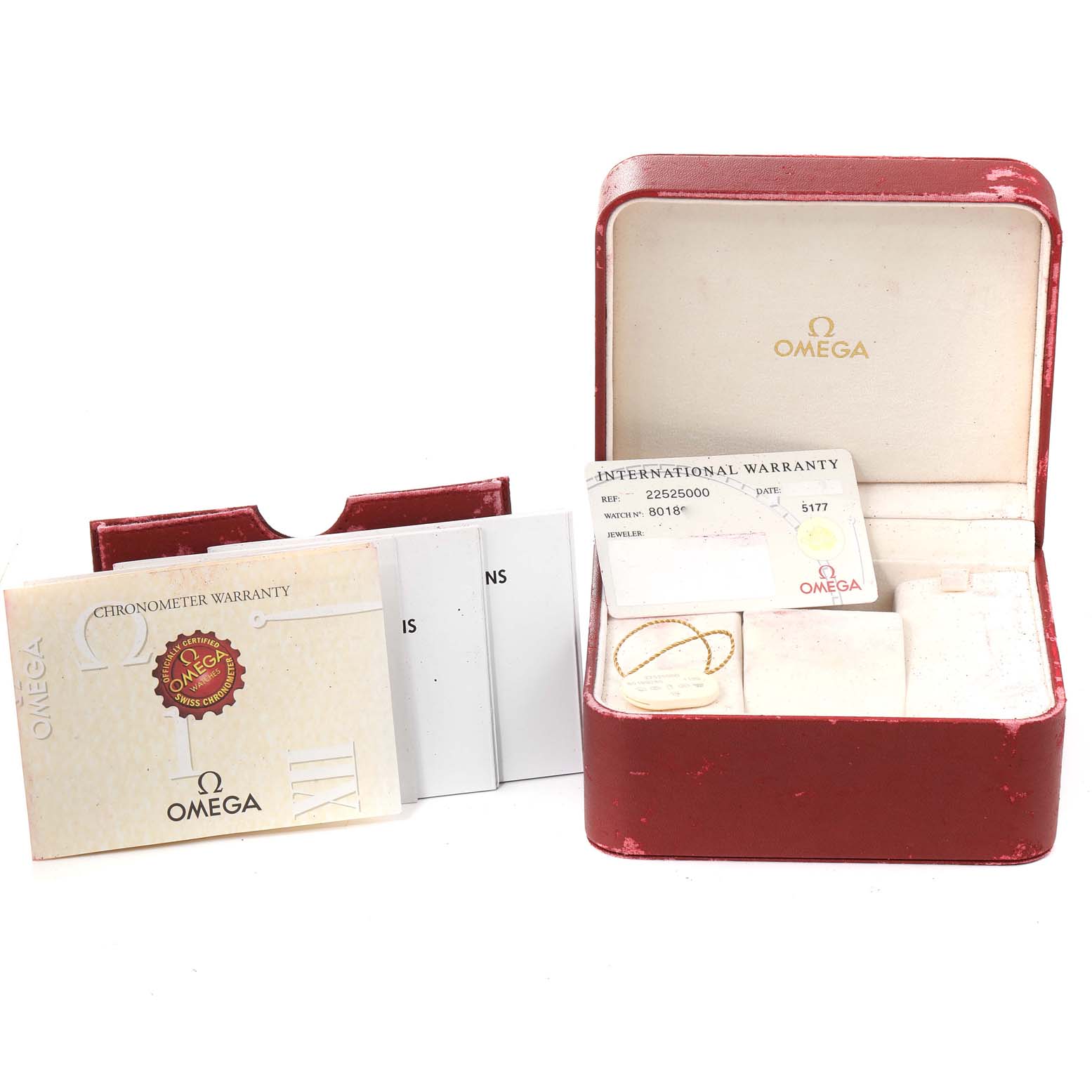 The image shows a red Omega Seamaster 2252.50.00 Men's Stainless Steel Black Dial 2252.50.00 Men's Stainless Steel Black Dial watch box, warranty cards, and additional papers, displayed at a slight angle.