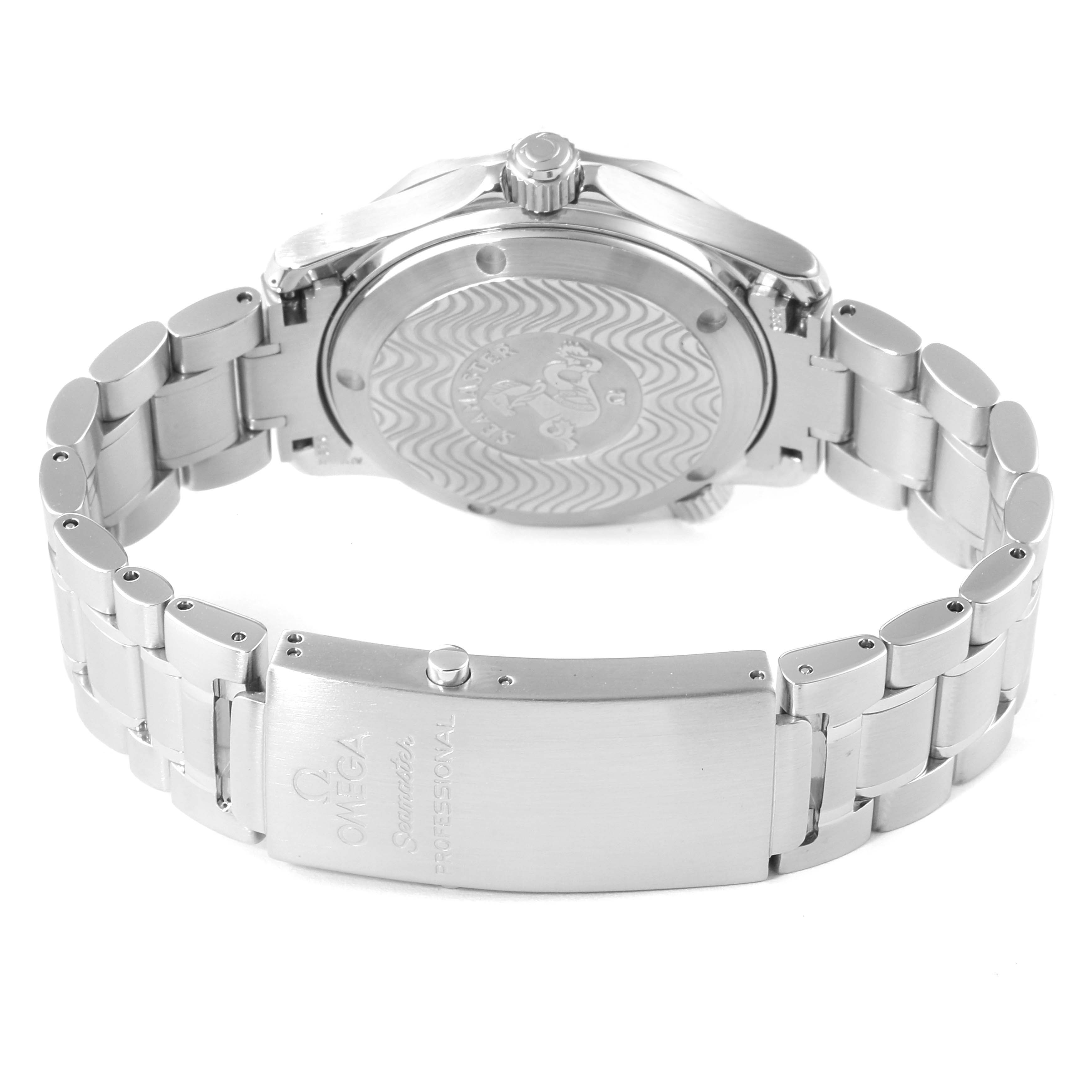 The image shows the back case and metal bracelet of an Omega Seamaster 2252.50.00 Men's Stainless Steel Black Dial 2252.50.00 Men's Stainless Steel Black Dial watch, highlighting the clasp and intricate case back design.