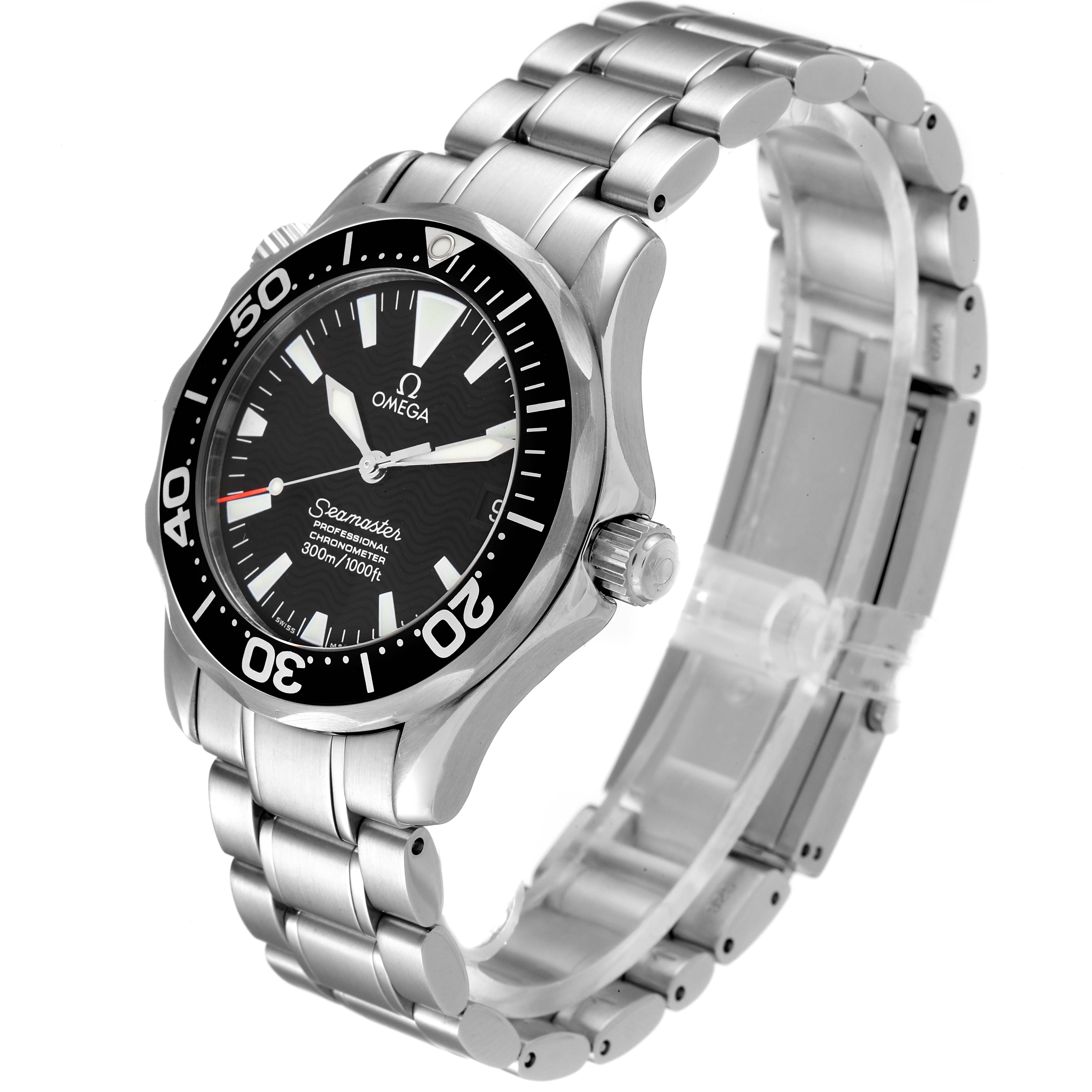 This image shows a side-angle view of an Omega Seamaster 2252.50.00 Men's Stainless Steel Black Dial 2252.50.00 Men's Stainless Steel Black Dial watch, highlighting its bracelet, bezel, case, and crown.