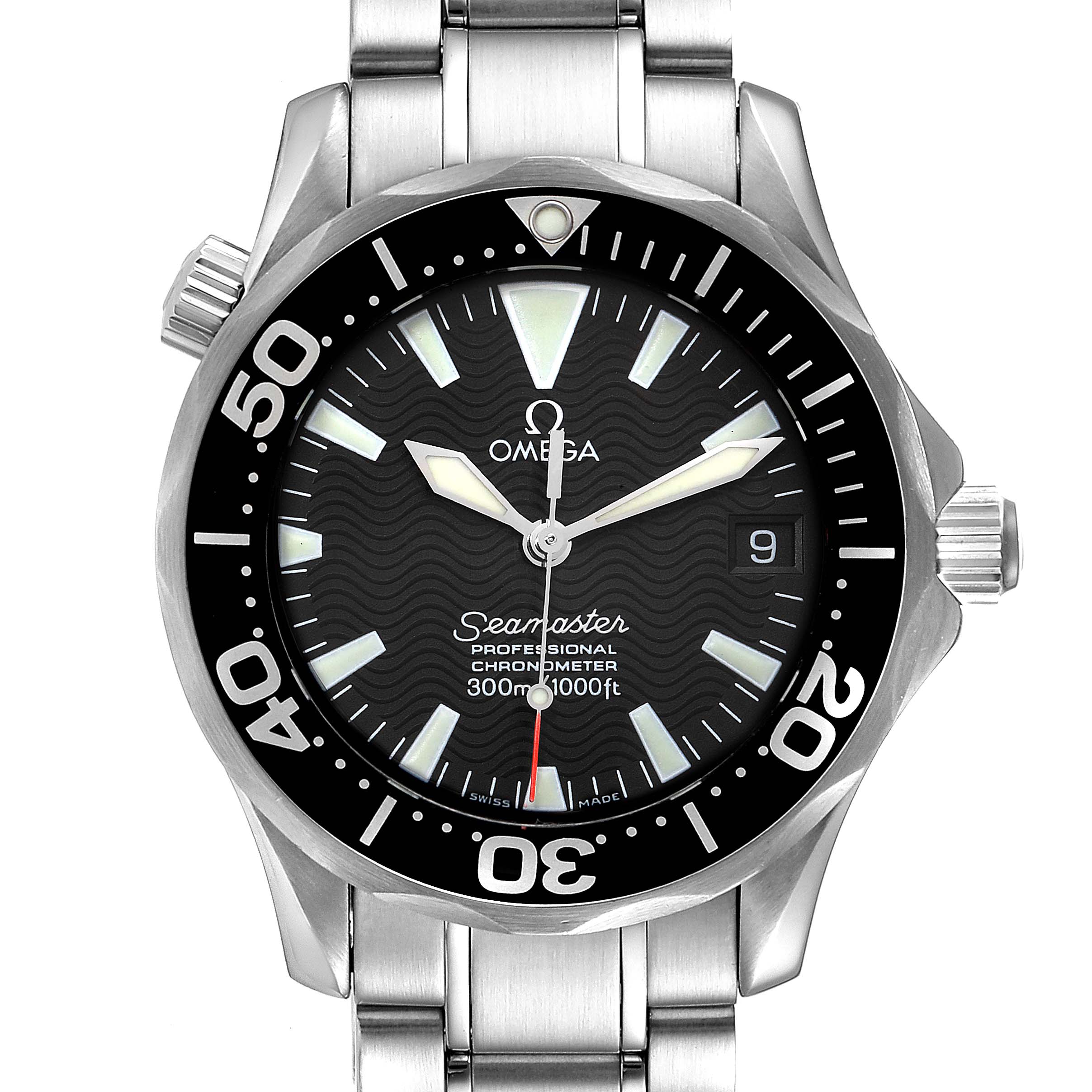 This image shows a front view of the Omega Seamaster 2252.50.00 Men's Stainless Steel Black Dial 2252.50.00 Men's Stainless Steel Black Dial watch, highlighting the dial, bezel, hands, and steel bracelet.