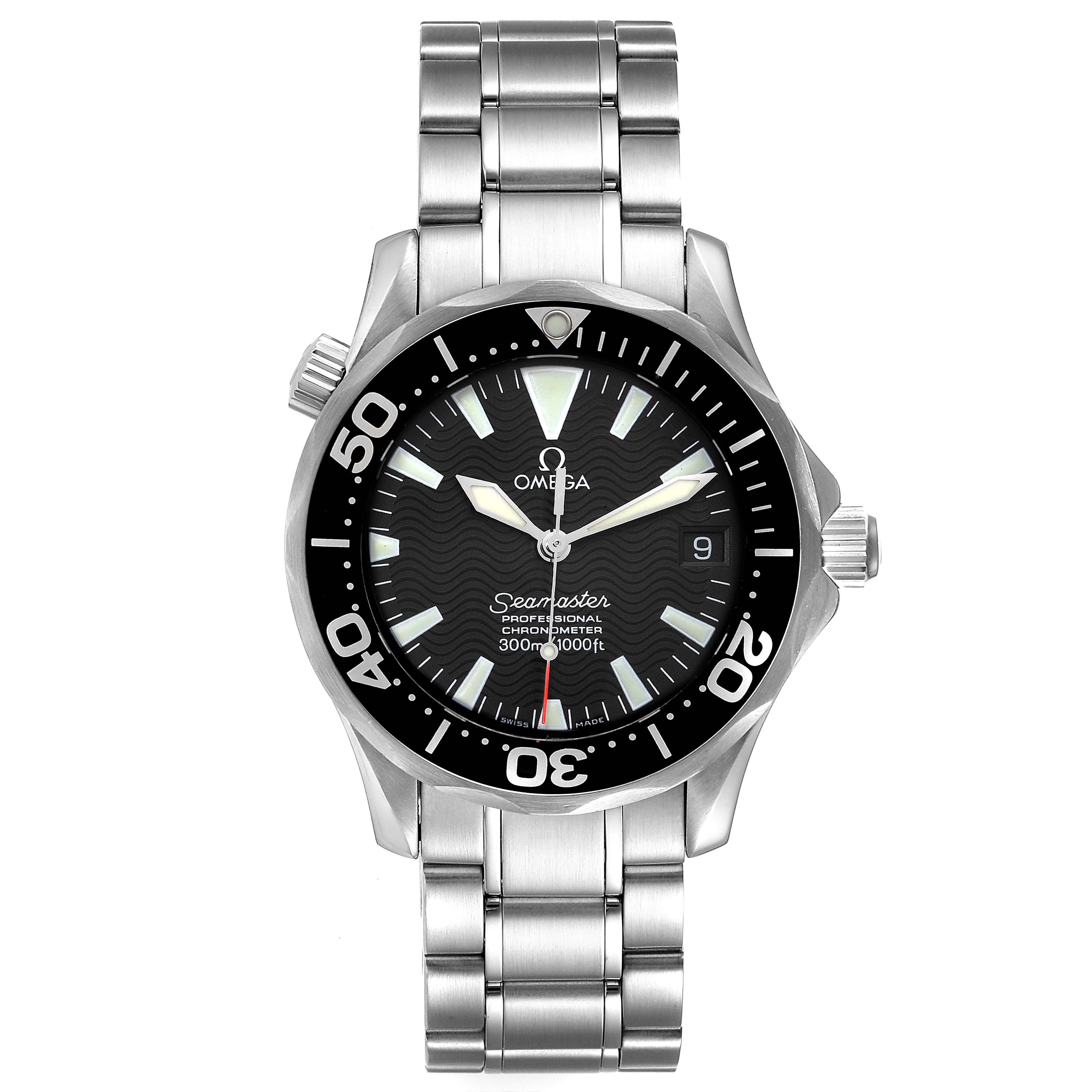 The image shows a front view of the Omega Seamaster 2252.50.00 Men's Stainless Steel Black Dial 2252.50.00 Men's Stainless Steel Black Dial watch, highlighting the dial, bezel, crown, and metal bracelet.