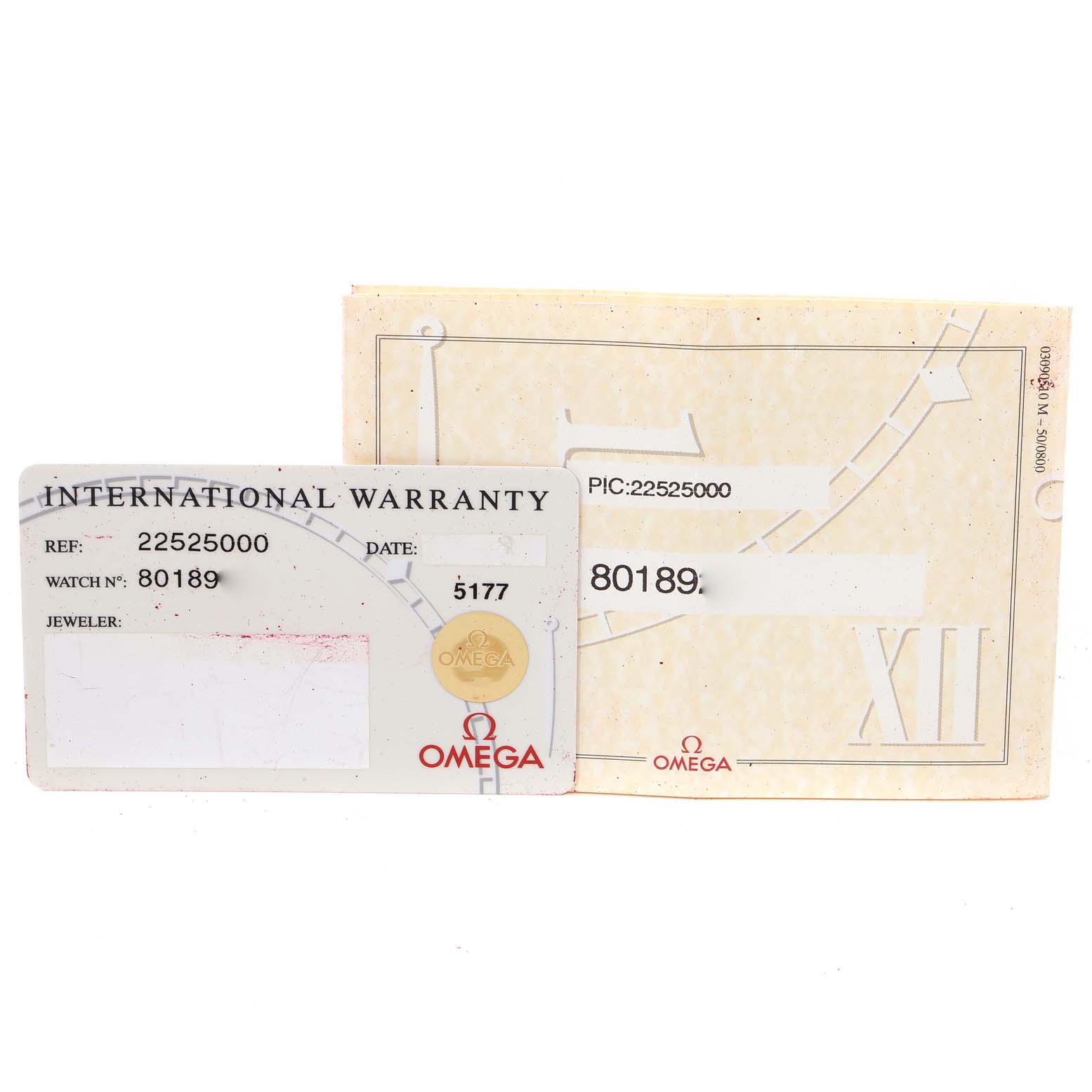 The image shows an international warranty card and related documentation for an Omega Seamaster 2252.50.00 Men's Stainless Steel Black Dial 2252.50.00 Men's Stainless Steel Black Dial watch.