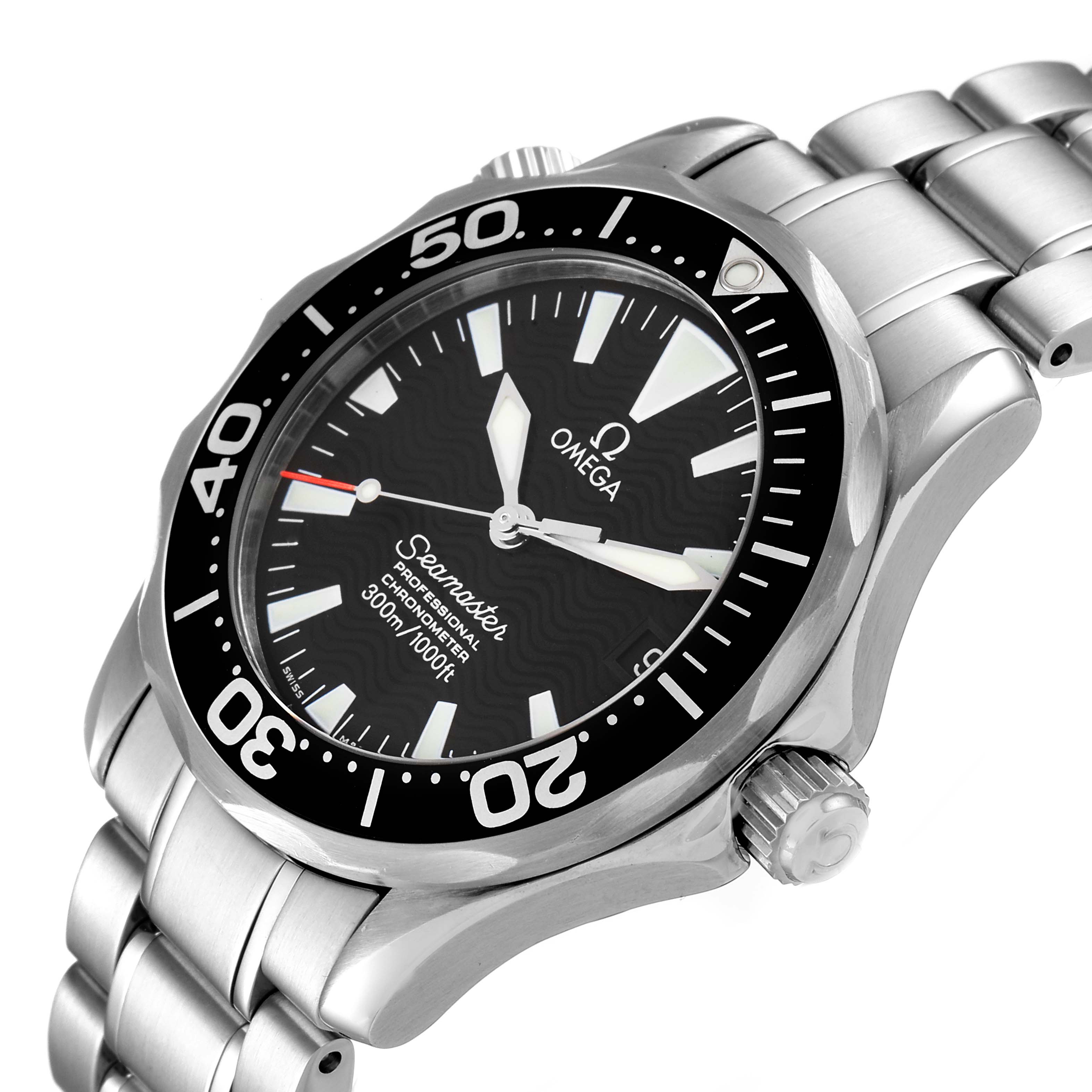 The image shows a close-up of the Omega Seamaster 2252.50.00 Men's Stainless Steel Black Dial 2252.50.00 Men's Stainless Steel Black Dial watch, highlighting the face, bezel, crown, and parts of the bracelet.
