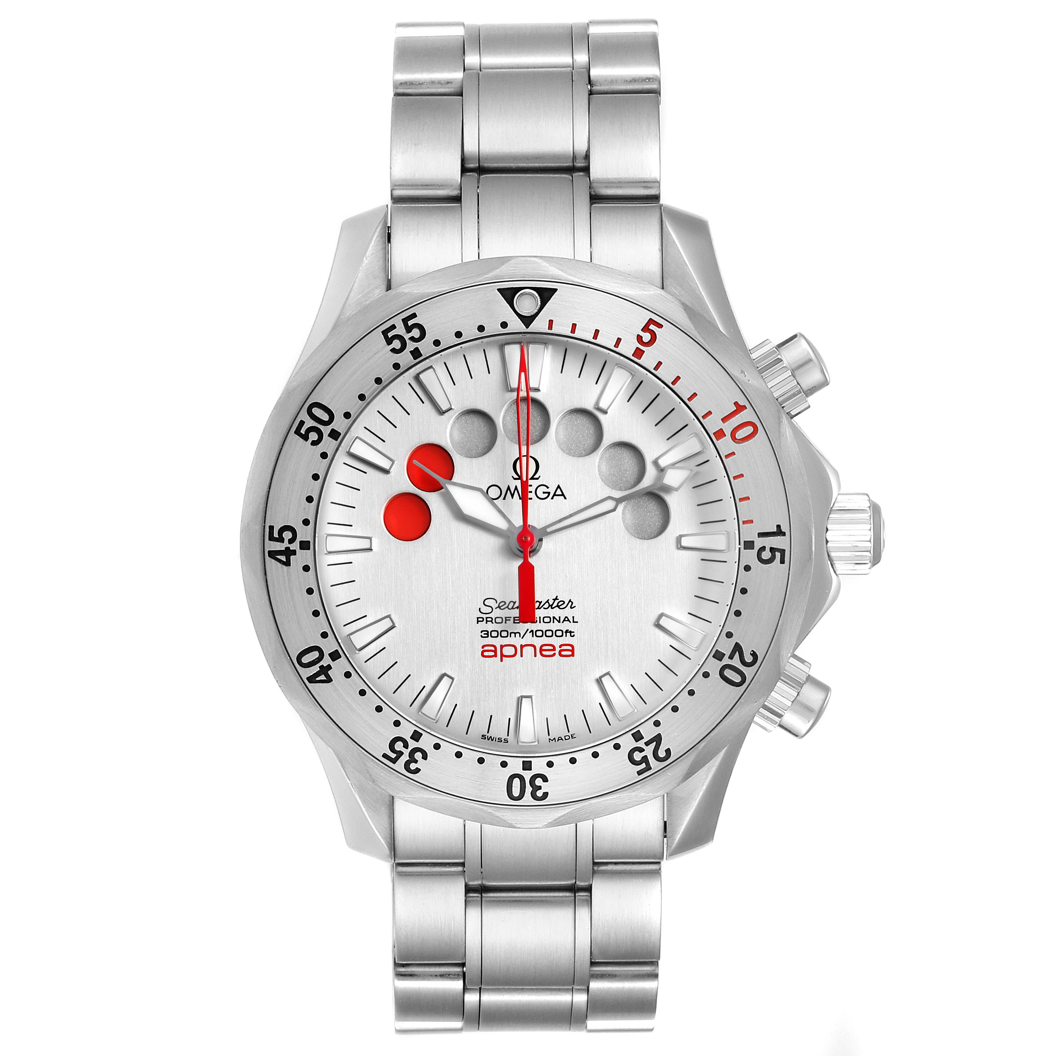 The image shows a front view of the Omega Seamaster 2595.30.00 Men's Stainless Steel Silver Dial 2595.30.00 Men's Stainless Steel Silver Dial Apnea watch, highlighting its dial, bezel, and bracelet.