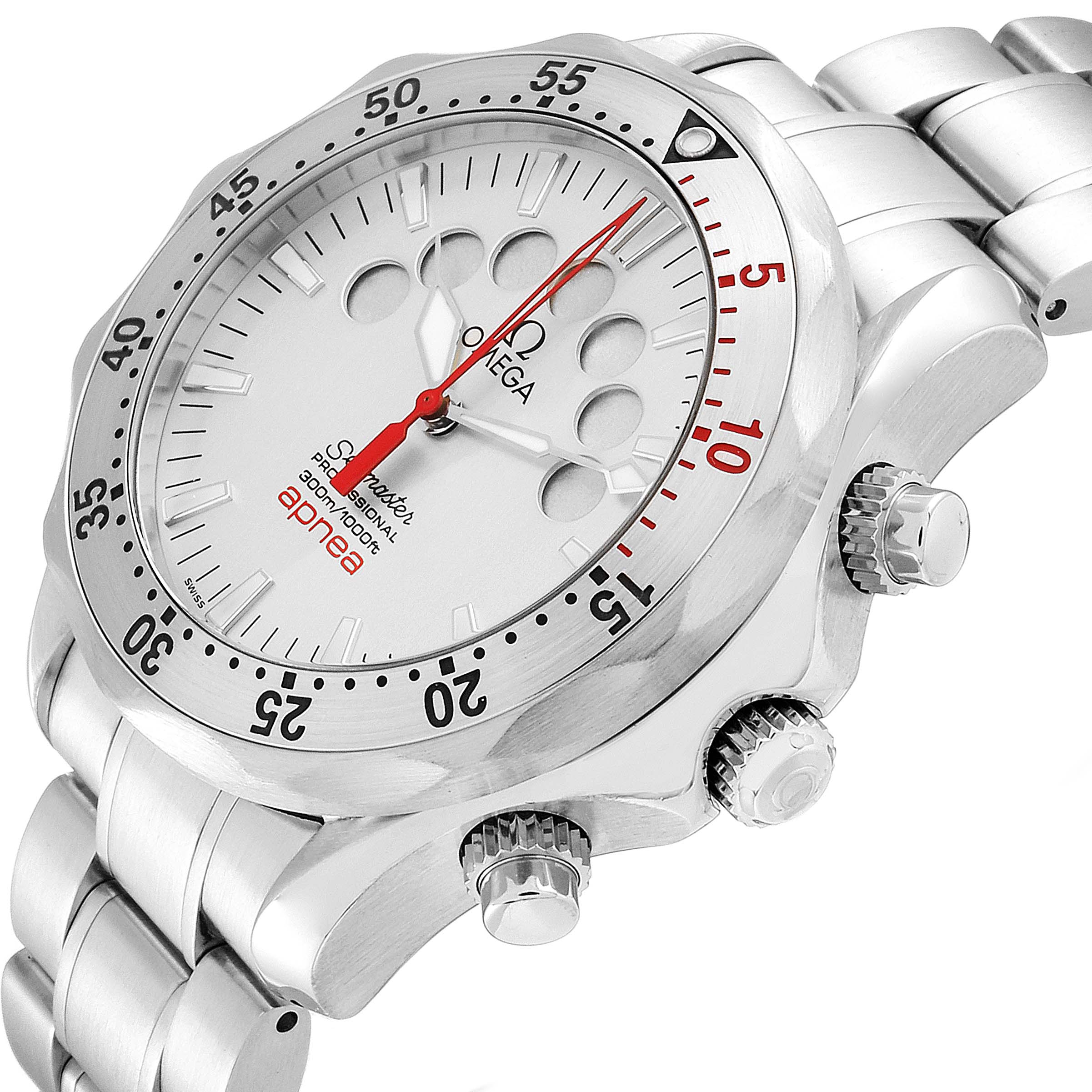 This image shows a close-up side angle of the Omega Seamaster 2595.30.00 Men's Stainless Steel Silver Dial 2595.30.00 Men's Stainless Steel Silver Dial watch, highlighting its face, bezel, crown, and part of the bracelet.