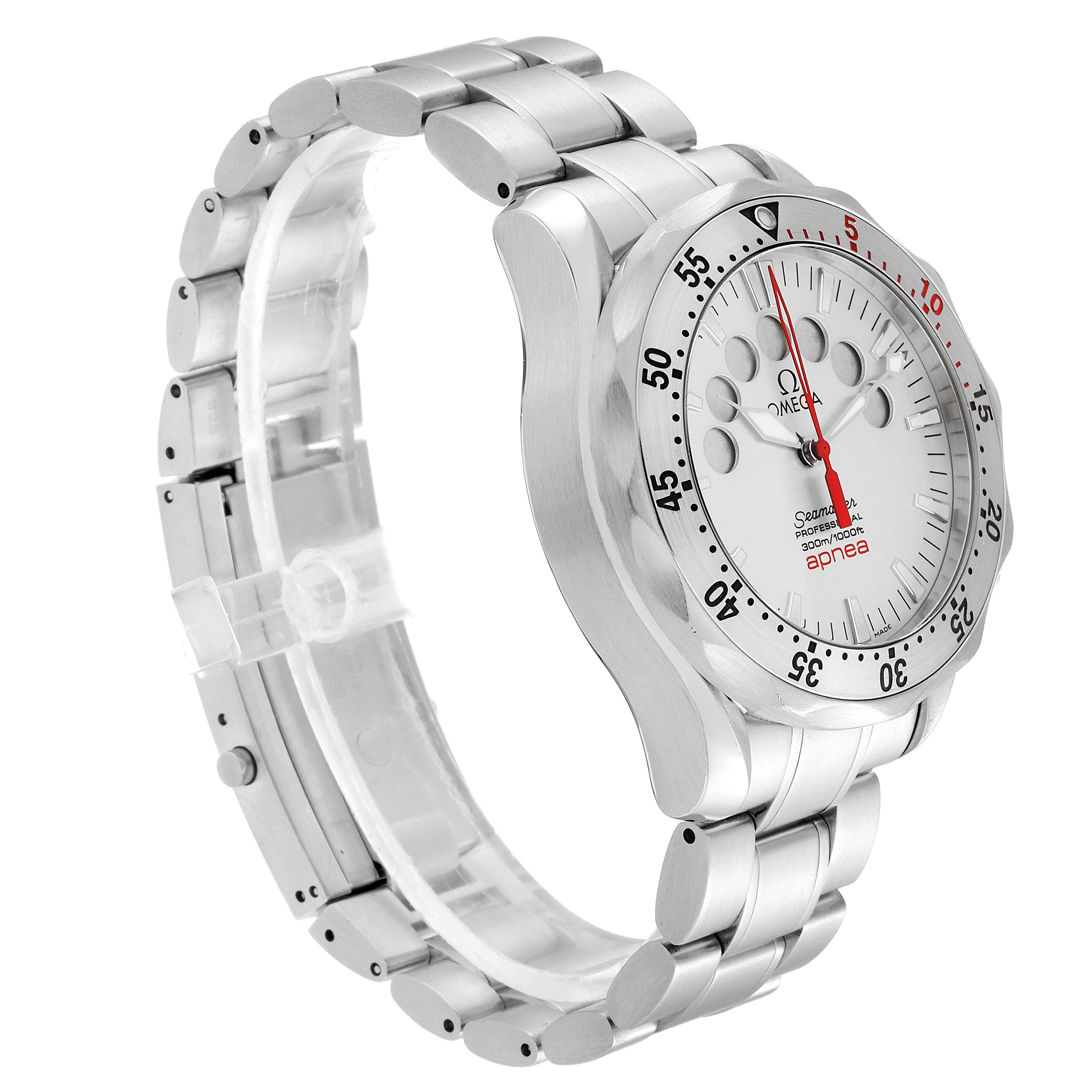 The image shows an angled view of an Omega Seamaster 2595.30.00 Men's Stainless Steel Silver Dial 2595.30.00 Men's Stainless Steel Silver Dial watch, displaying the bezel, dial, and stainless steel bracelet.