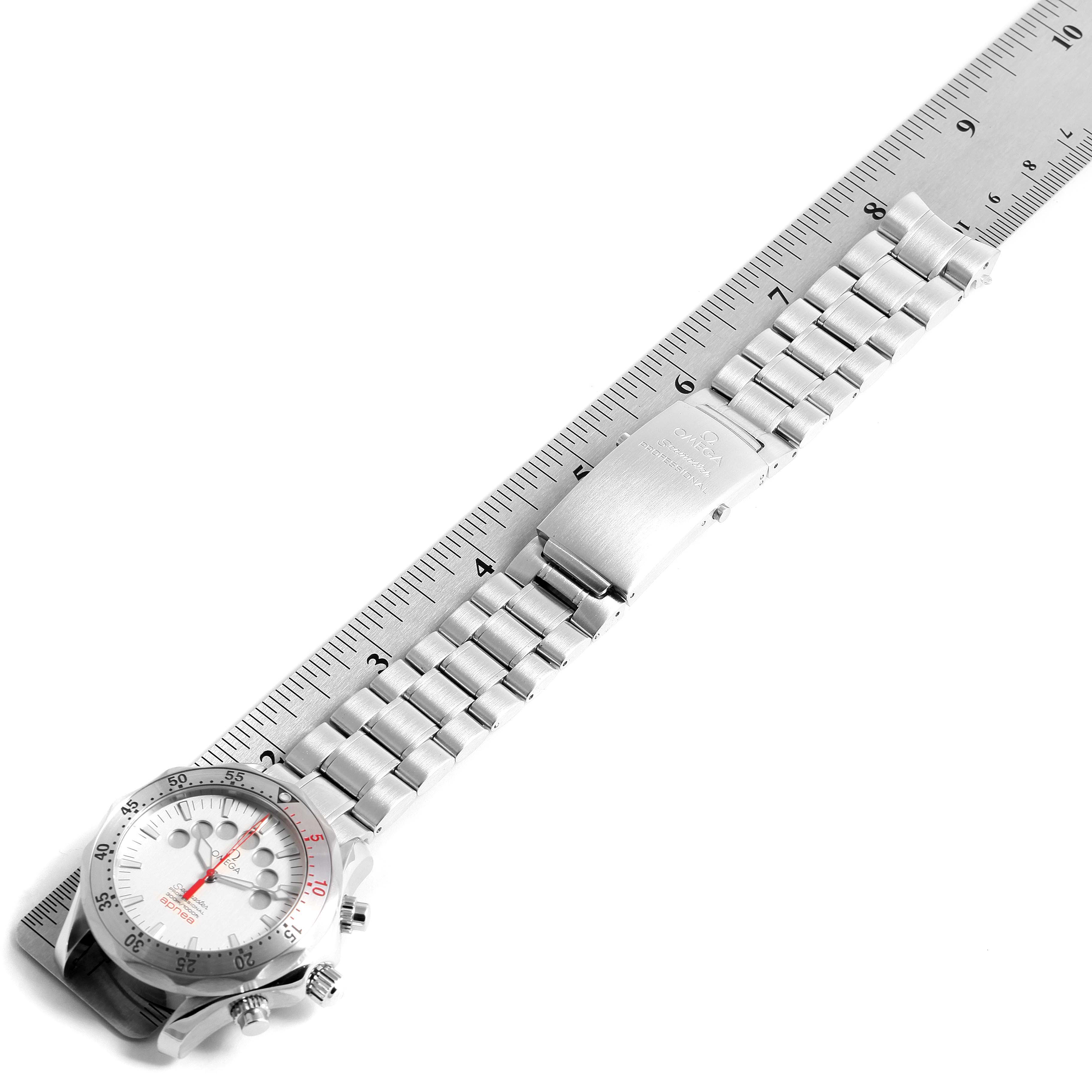 The Omega Seamaster 2595.30.00 Men's Stainless Steel Silver Dial 2595.30.00 Men's Stainless Steel Silver Dial watch is shown from a diagonal top-down angle, highlighting the face, bezel, and bracelet with its clasp.