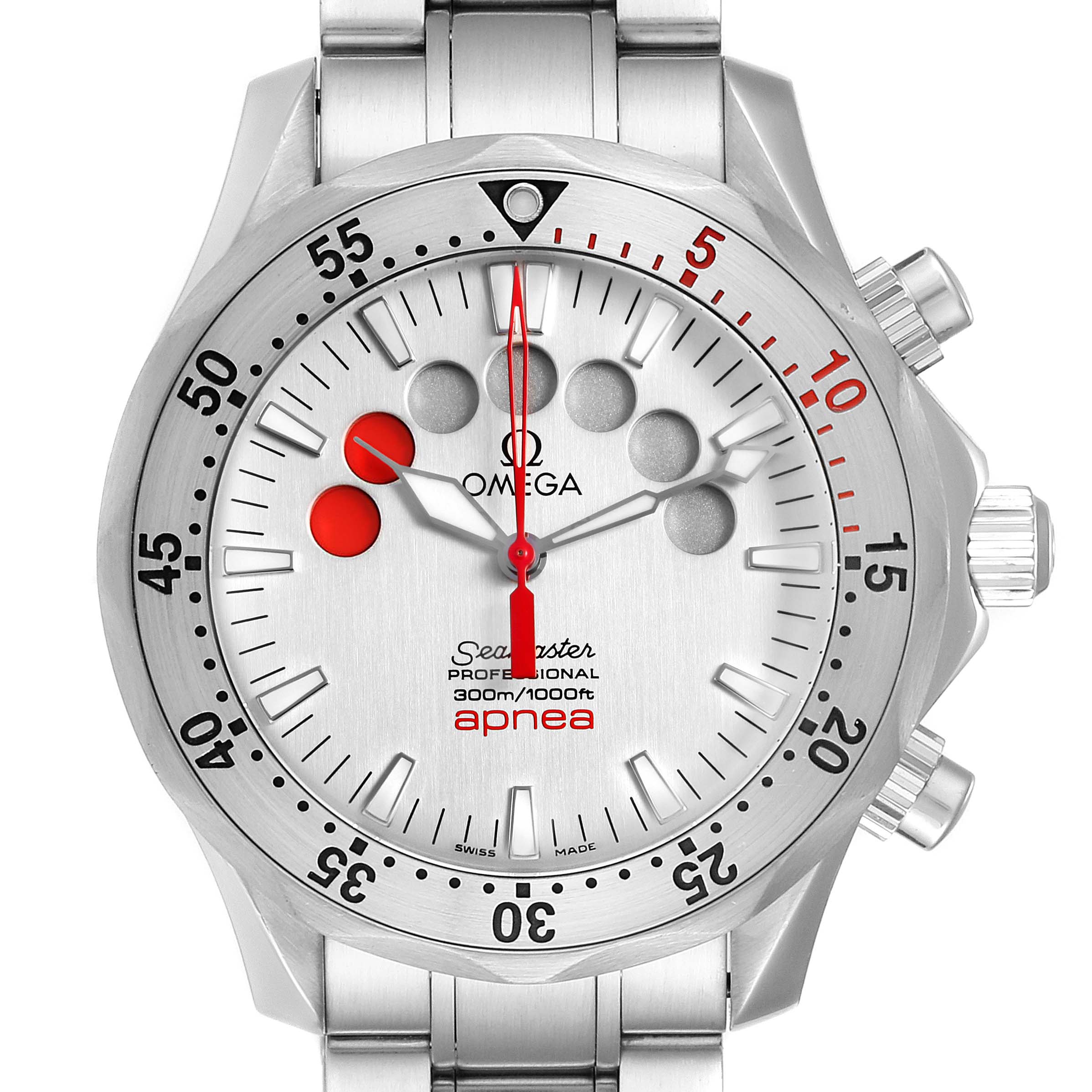 The image shows a frontal view of the Omega Seamaster 2595.30.00 Men's Stainless Steel Silver Dial 2595.30.00 Men's Stainless Steel Silver Dial Professional Apnea watch, displaying its dial, bezel, and metal bracelet.