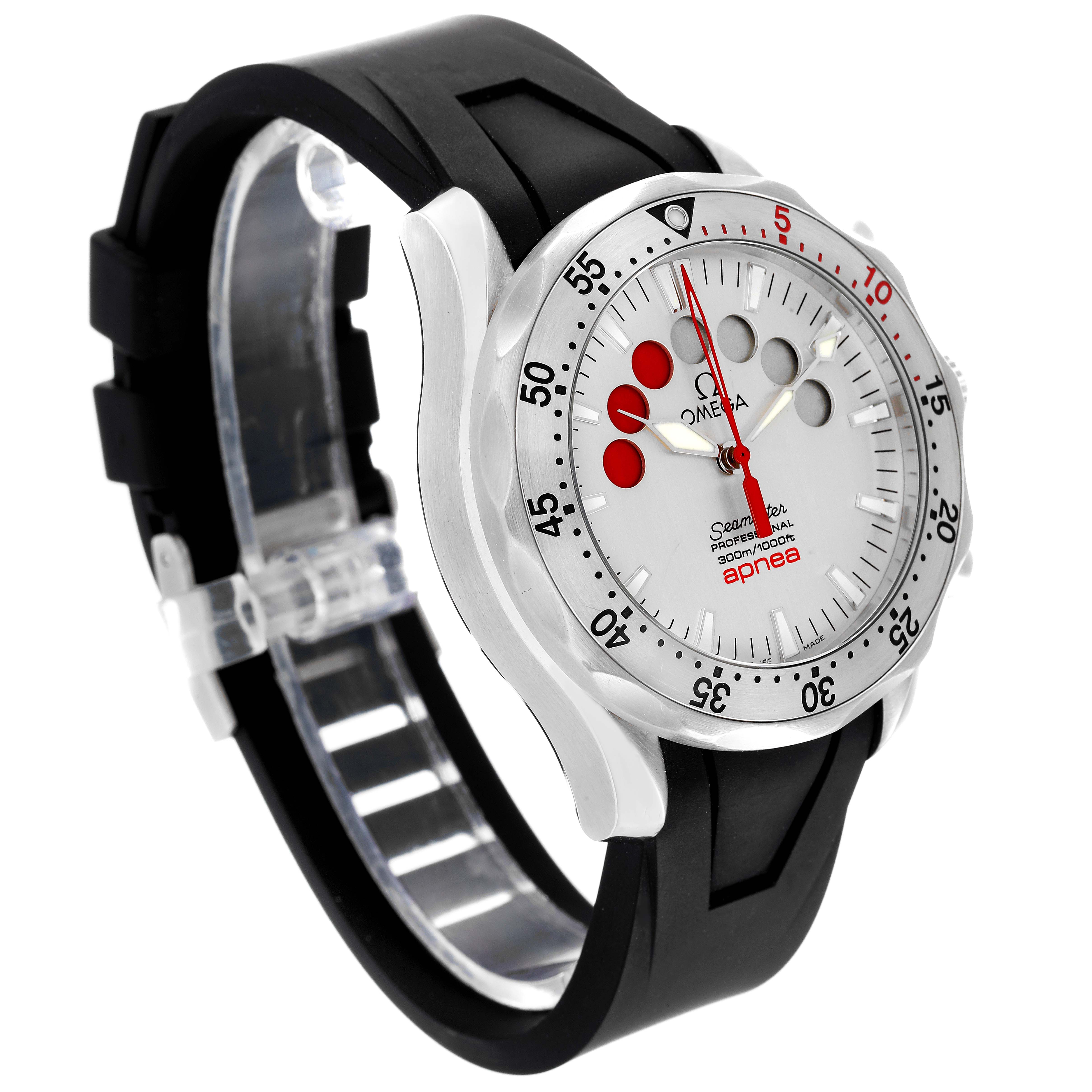 The Omega Seamaster 2895.30.91 Men's Stainless Steel Silver Dial 2895.30.91 Men's Stainless Steel Silver Dial watch is shown at an angle highlighting its face, bezel, and black strap.