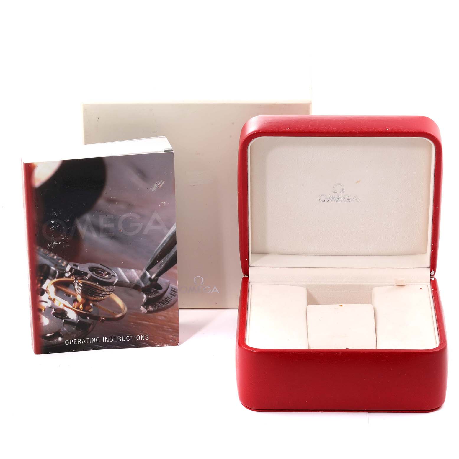 The image shows the open watch box and operating instructions for the Omega Seamaster 2895.30.91 Men's Stainless Steel Silver Dial 2895.30.91 Men's Stainless Steel Silver Dial model.