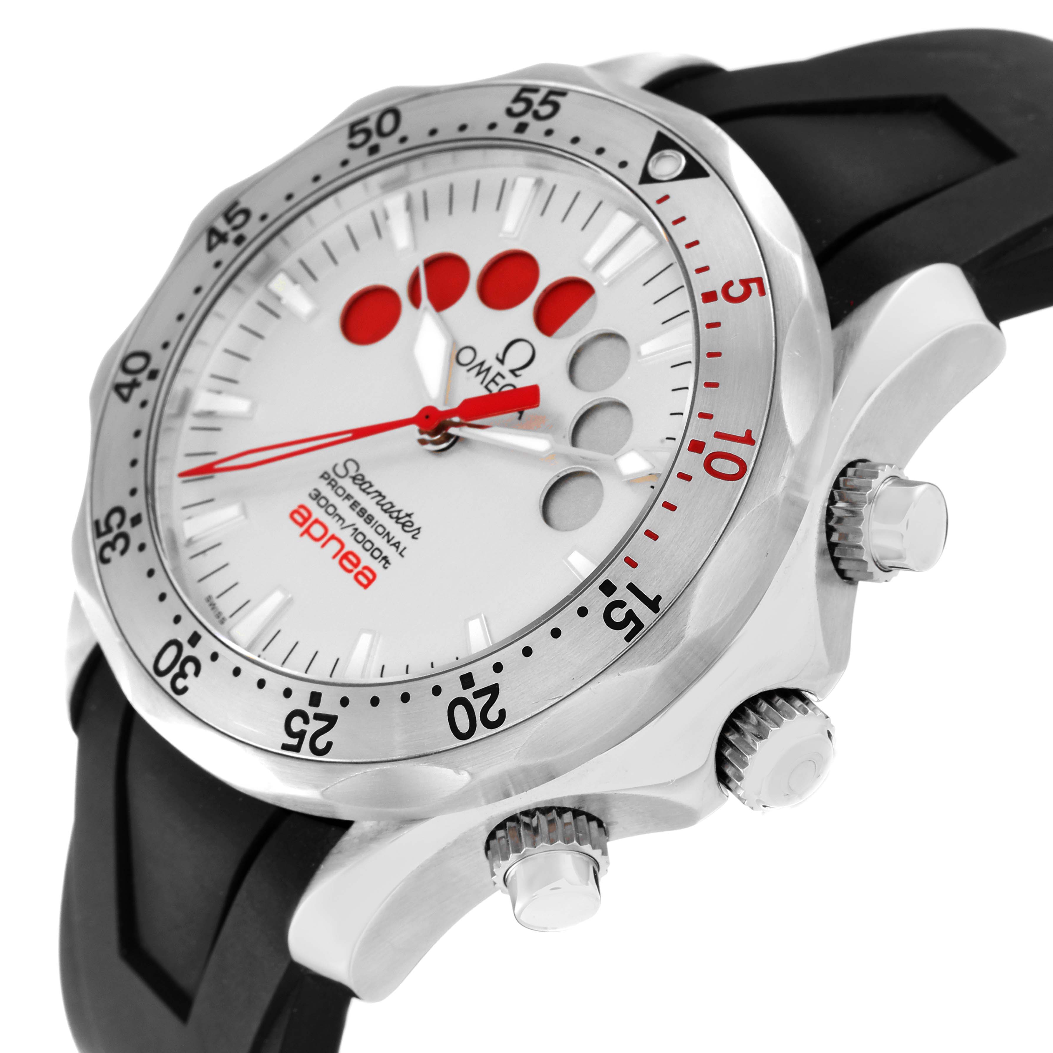 The image shows an angled side view of an Omega Seamaster 2895.30.91 Men's Stainless Steel Silver Dial 2895.30.91 Men's Stainless Steel Silver Dial watch's face, bezel, crown, and strap.