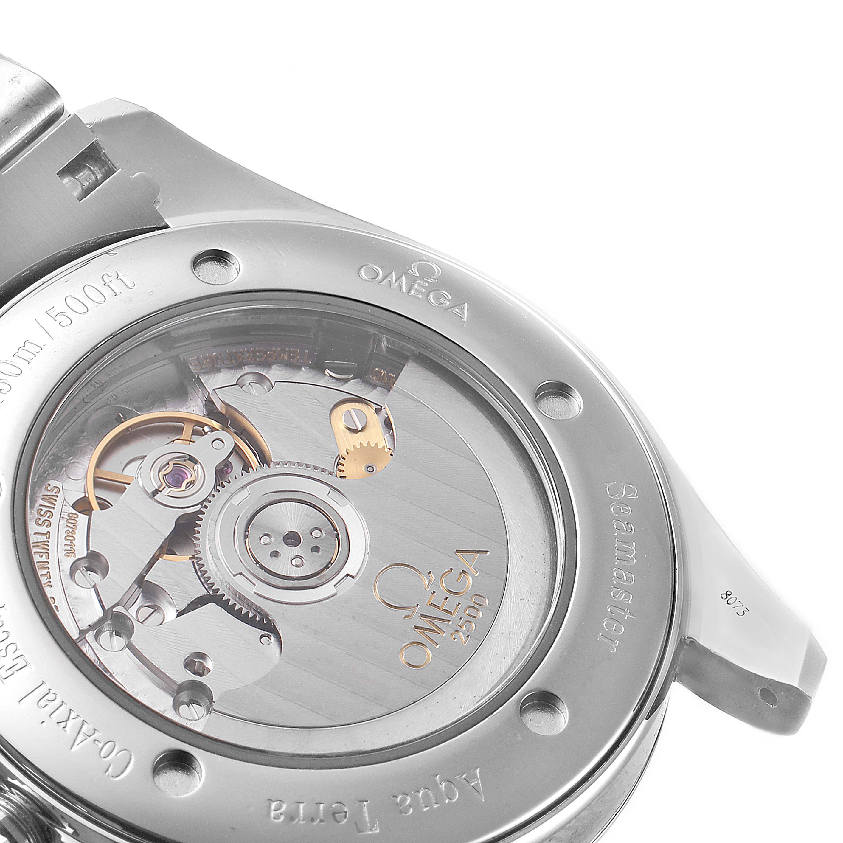 The image shows the back view of the Omega Aqua Terra 2503.33.00 Men
s Stainless Steel Silver Dial 2503.33.00 Men
s Stainless Steel Silver Dial watch case, highlighting its movement and inner mechanical parts.