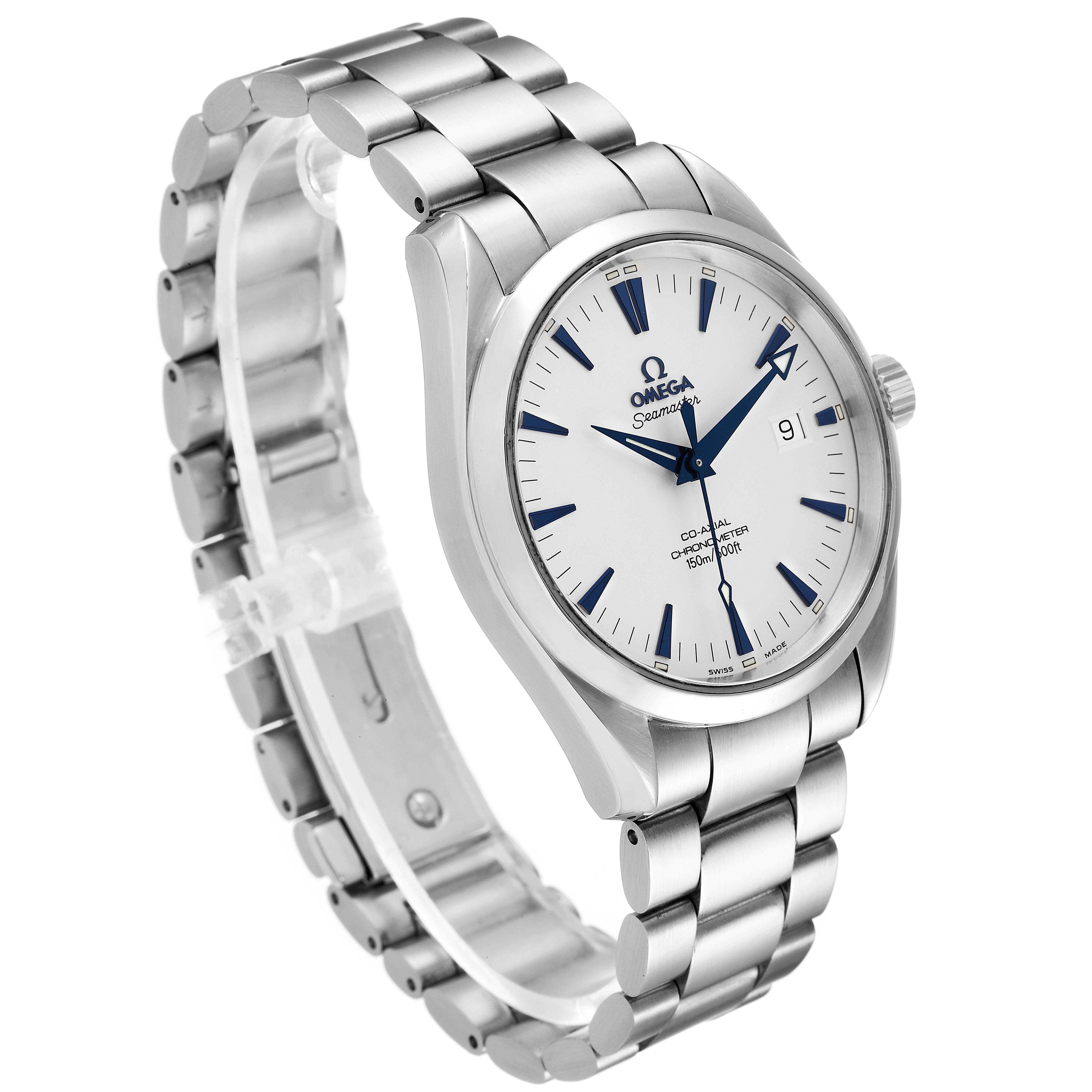 The image shows a side angle view of the Omega Aqua Terra 2503.33.00 Men
s Stainless Steel Silver Dial 2503.33.00 Men
s Stainless Steel Silver Dial watch, highlighting its dial, bracelet, and case.