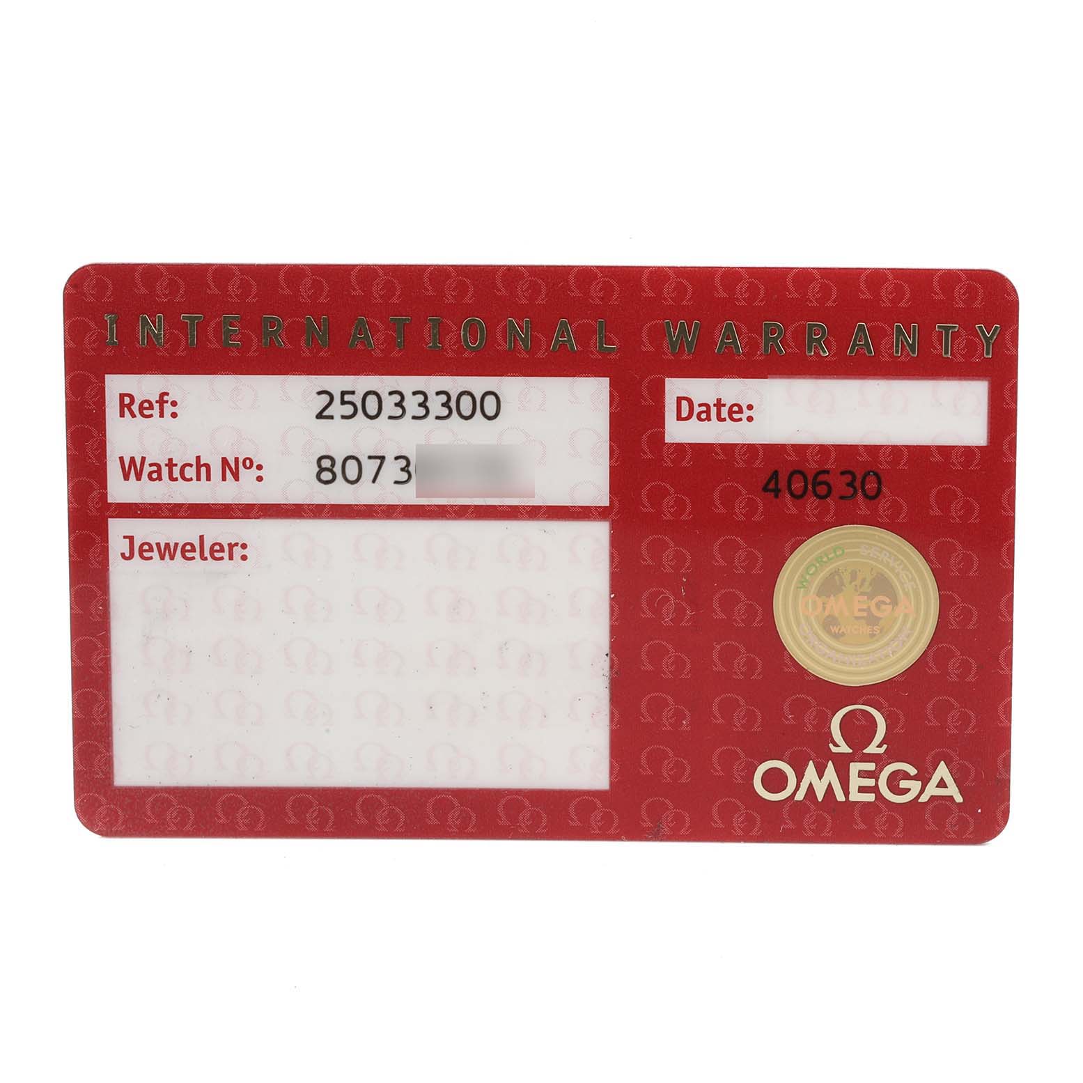 This image shows the International Warranty card for an Omega Aqua Terra 2503.33.00 Men
s Stainless Steel Silver Dial 2503.33.00 Men
s Stainless Steel Silver Dial watch featuring reference and watch numbers.