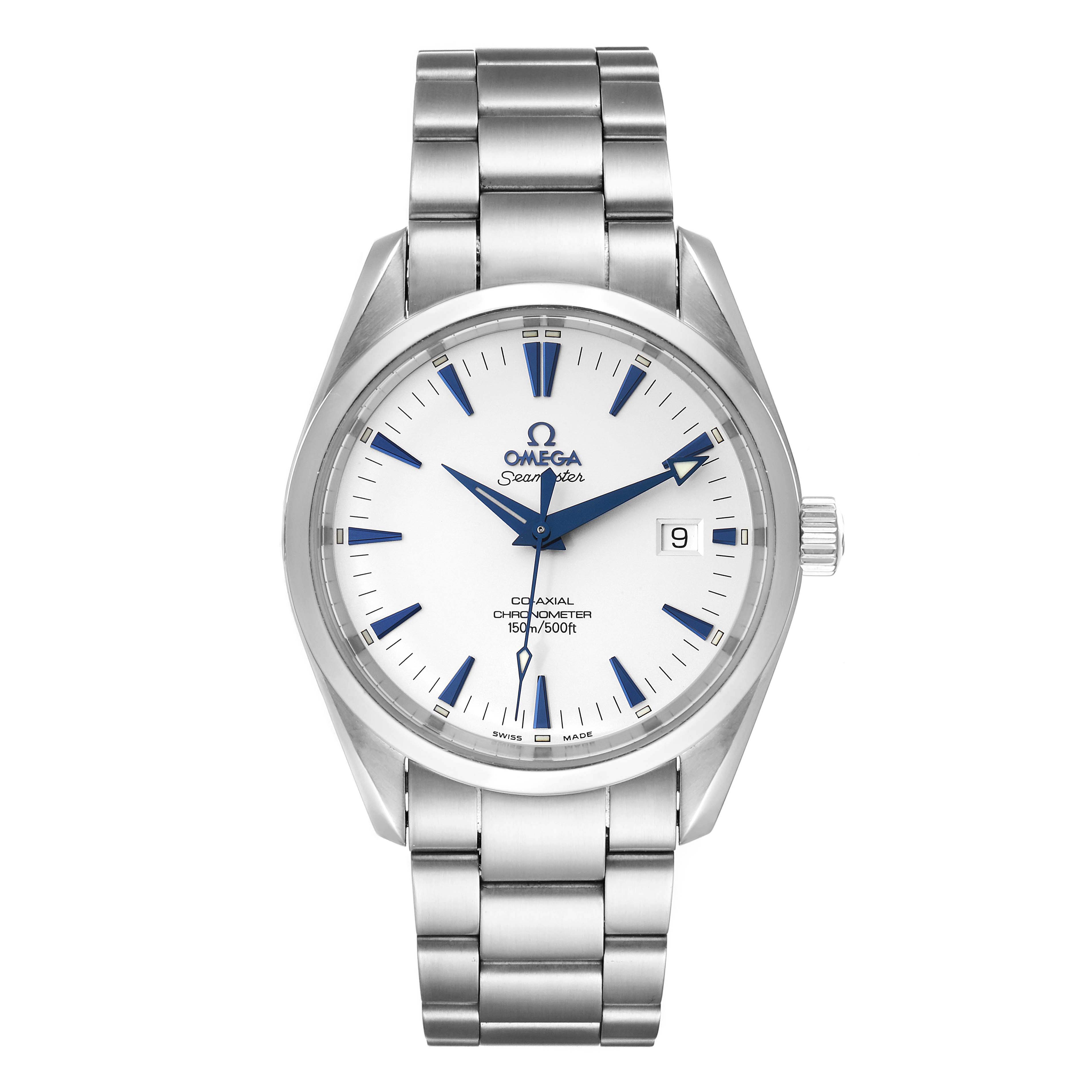 The image shows a front view of the Omega Aqua Terra 2503.33.00 Men
s Stainless Steel Silver Dial 2503.33.00 Men
s Stainless Steel Silver Dial watch, displaying the dial, bezel, bracelet, and crown.