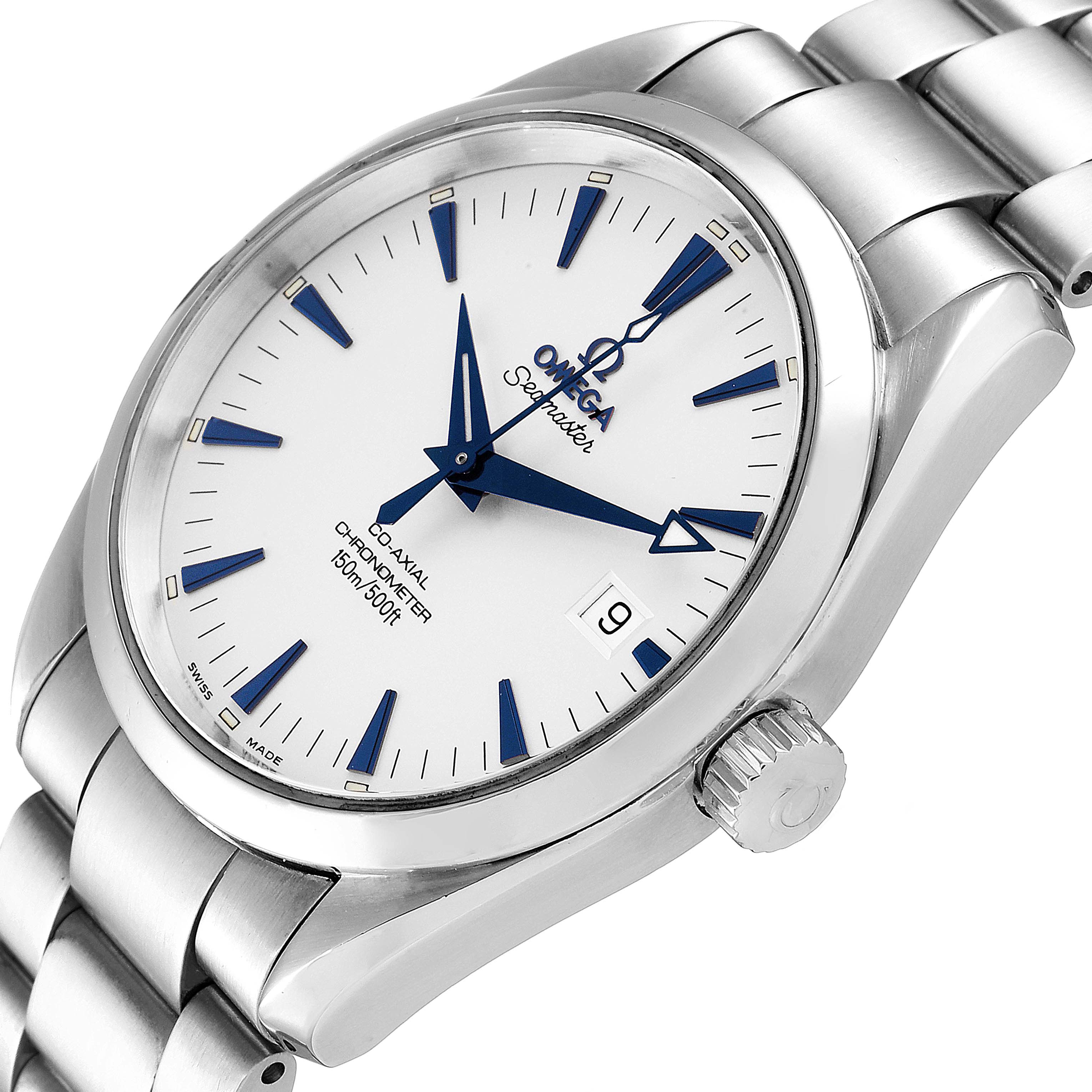 The image shows an Omega Aqua Terra 2503.33.00 Men
s Stainless Steel Silver Dial 2503.33.00 Men
s Stainless Steel Silver Dial watch from a slight side angle, highlighting its face, crown, and part of its stainless steel band.