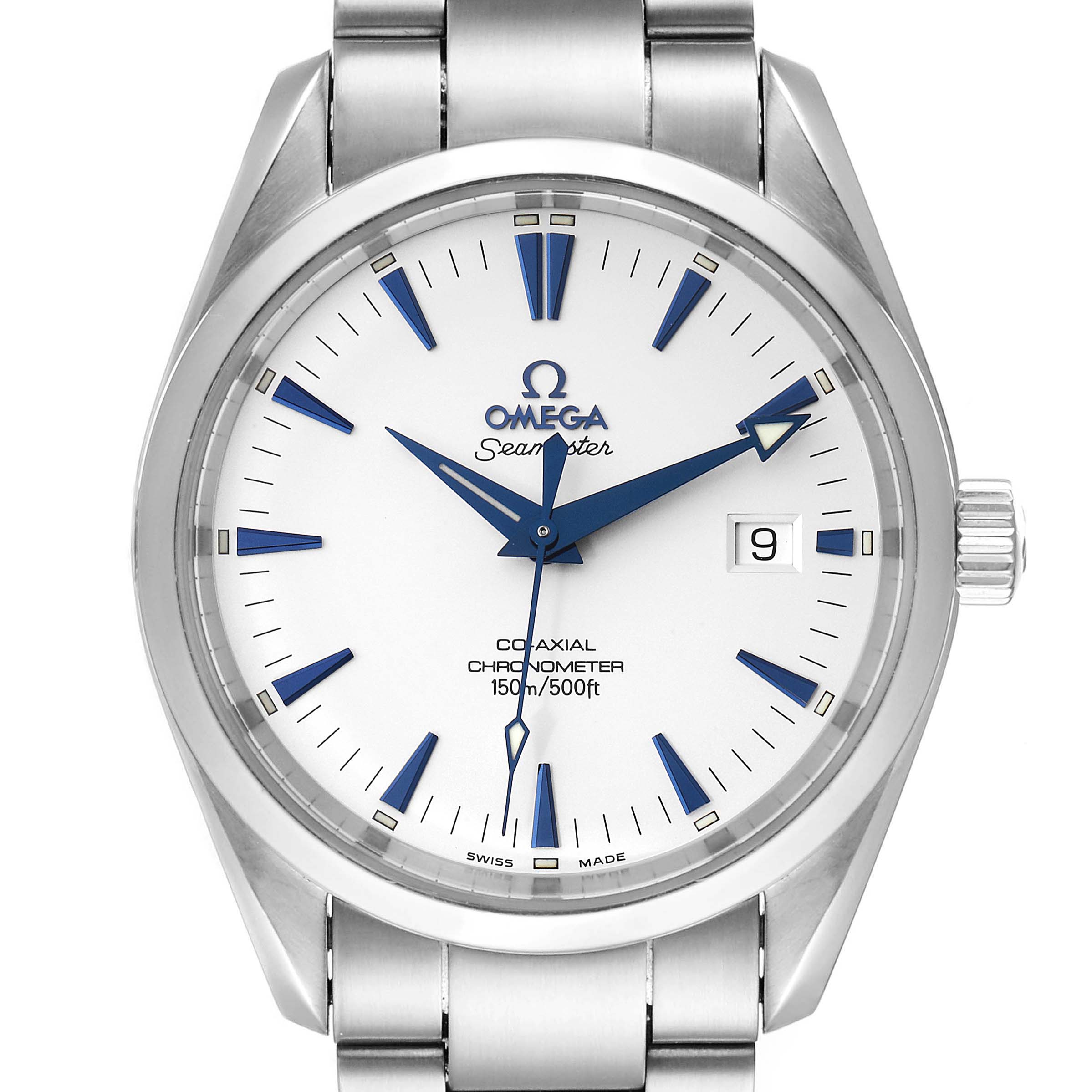 The image shows a front angle of the Omega Aqua Terra 2503.33.00 Men
s Stainless Steel Silver Dial 2503.33.00 Men
s Stainless Steel Silver Dial watch, highlighting the dial, hands, date window, and part of the stainless steel bracelet.