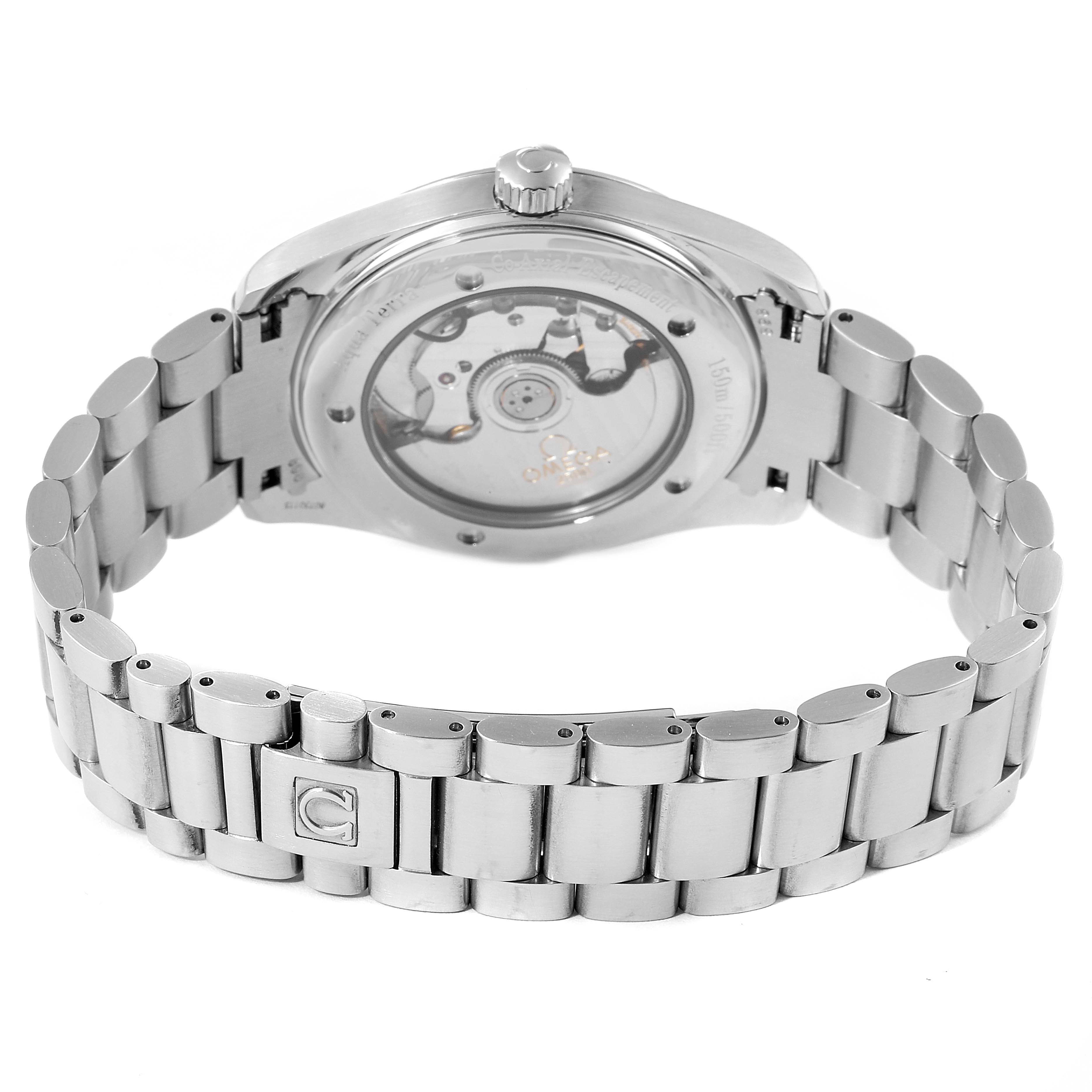 This image shows the back view of the Omega Aqua Terra 2503.33.00 Men
s Stainless Steel Silver Dial 2503.33.00 Men
s Stainless Steel Silver Dial watch, highlighting the open case back and metal bracelet.