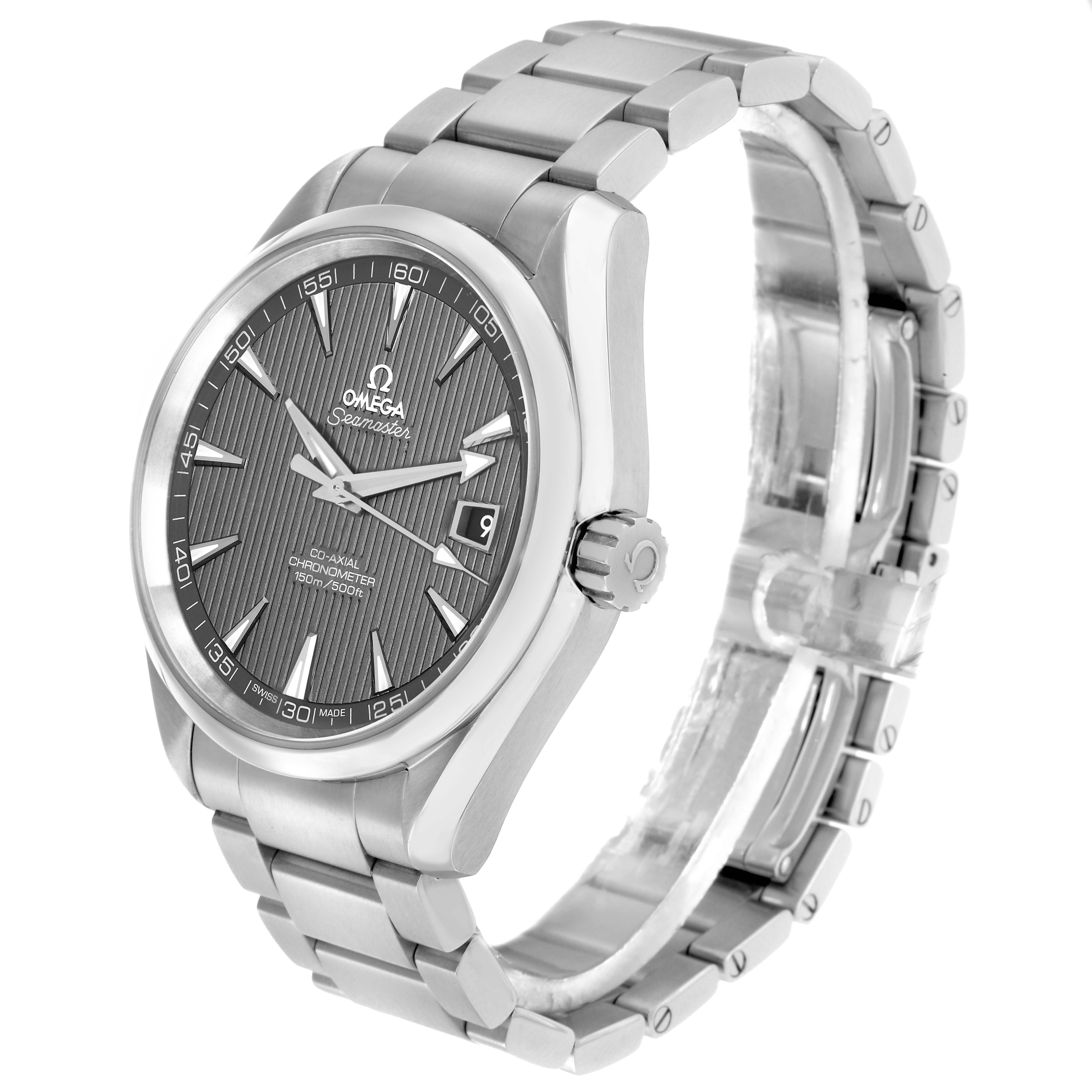 The Omega Aqua Terra 231.10.42.21.06.001 Men
s Stainless Steel Grey Dial watch is shown from a three-quarter angle, highlighting the face, bracelet, and crown.