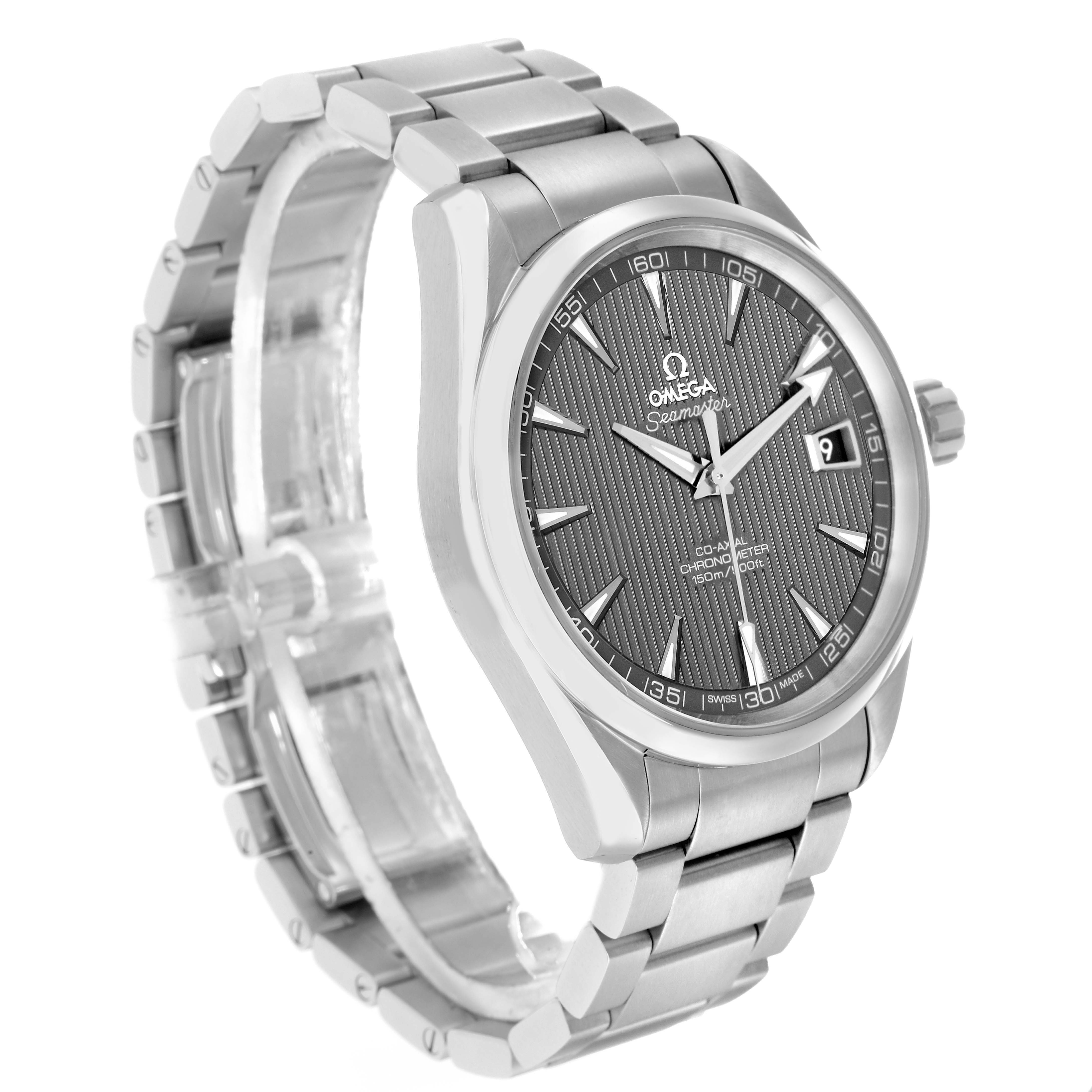 The Omega Aqua Terra 231.10.42.21.06.001 Men
s Stainless Steel Grey Dial watch is shown from a front angle, displaying the face, bezel, and part of the bracelet.