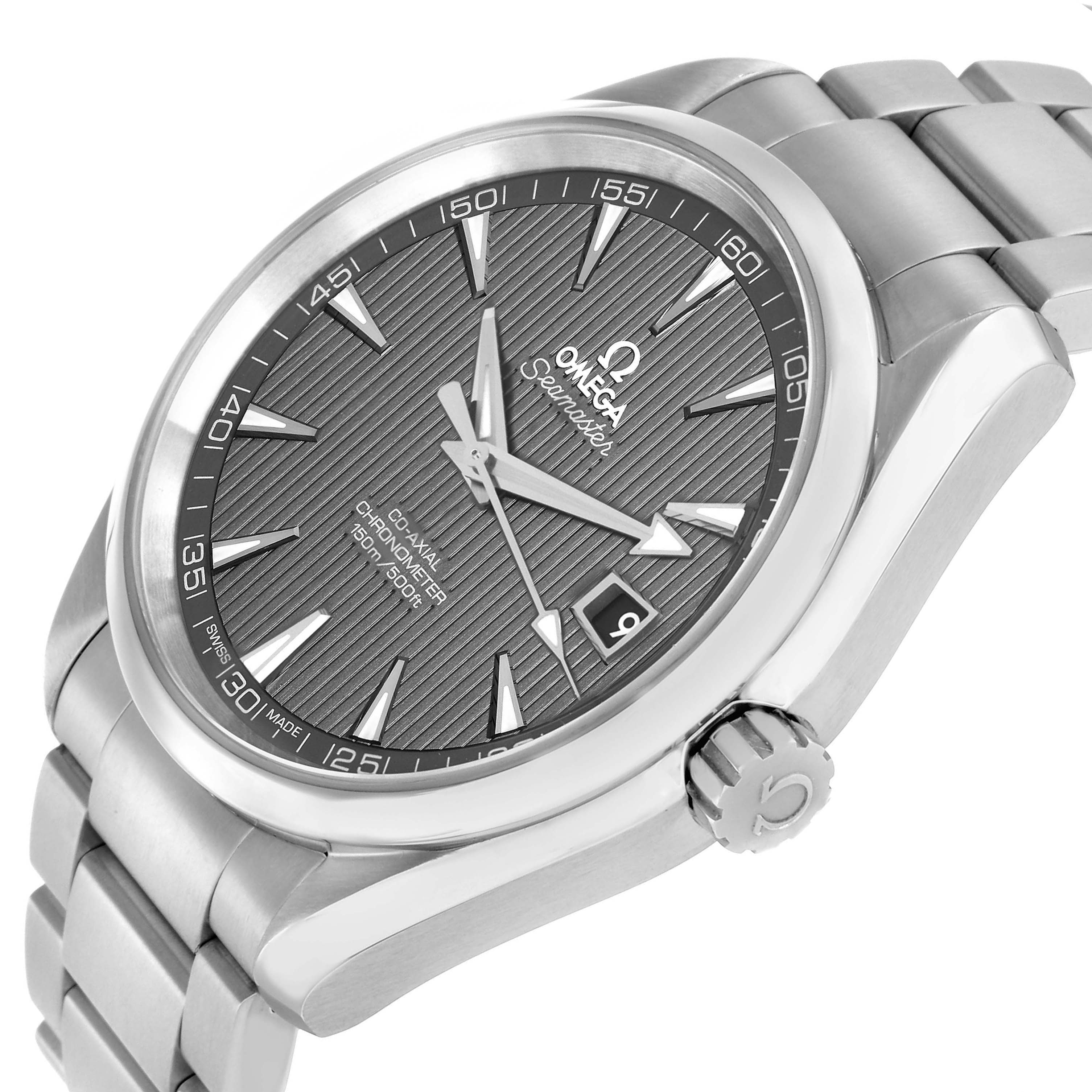 The Omega Aqua Terra 231.10.42.21.06.001 Men
s Stainless Steel Grey Dial watch is shown from a three-quarter angle, highlighting the dial, crown, and part of the bracelet.