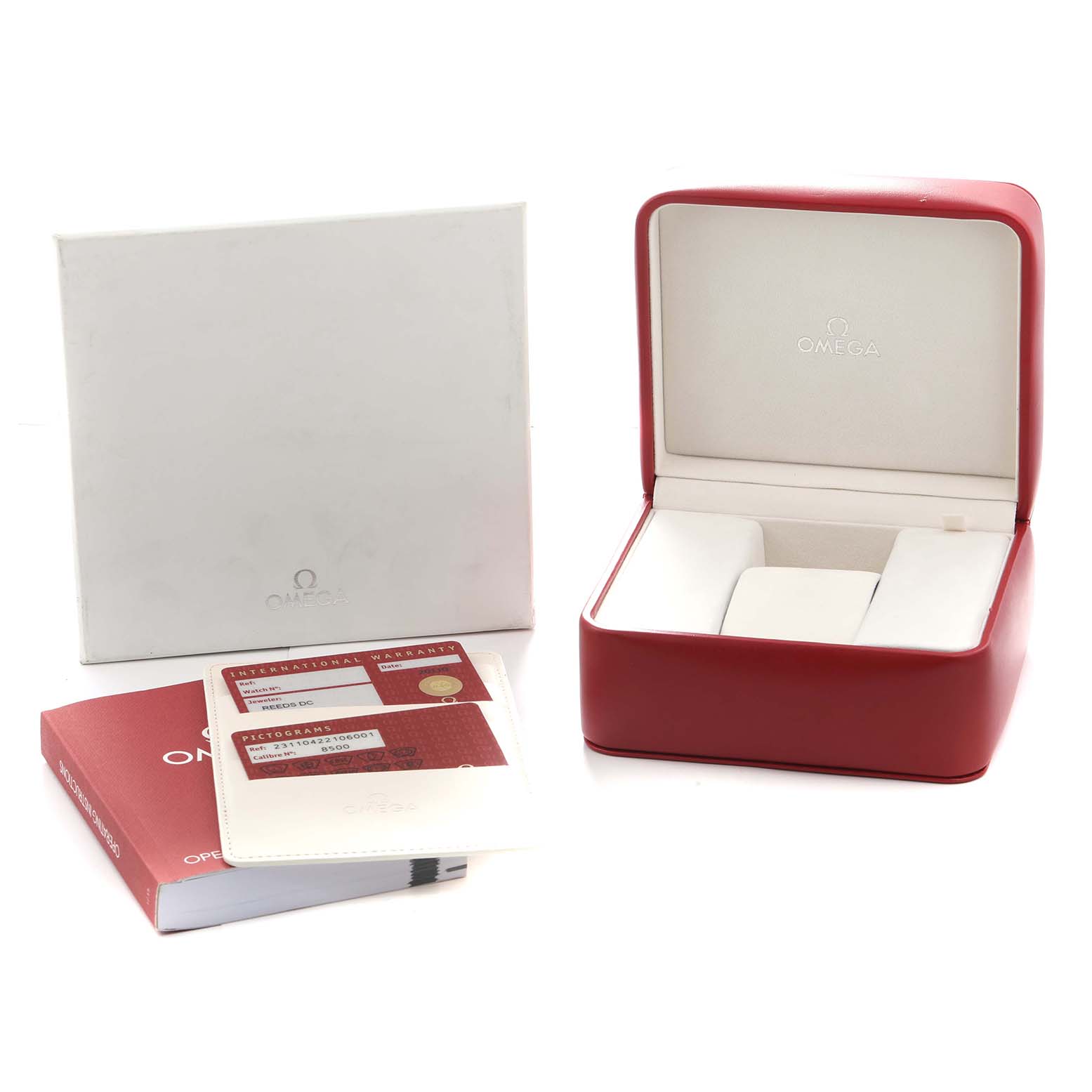 The image shows the accessories for the Omega Aqua Terra 231.10.42.21.06.001 Men
s Stainless Steel Grey Dial, including a red watch box, warranty cards, outer box, and a manual.