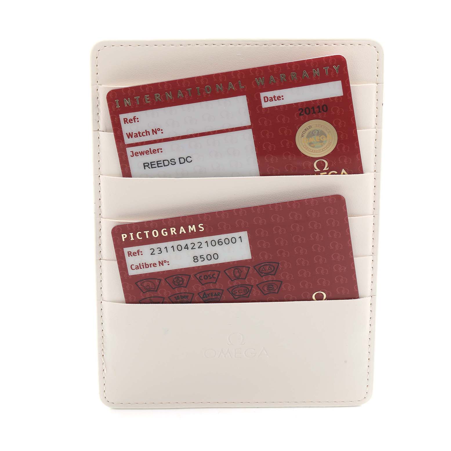 The image shows Omega Aqua Terra 231.10.42.21.06.001 Men
s Stainless Steel Grey Dial watch accessories, specifically international warranty and pictograms cards in a holder.