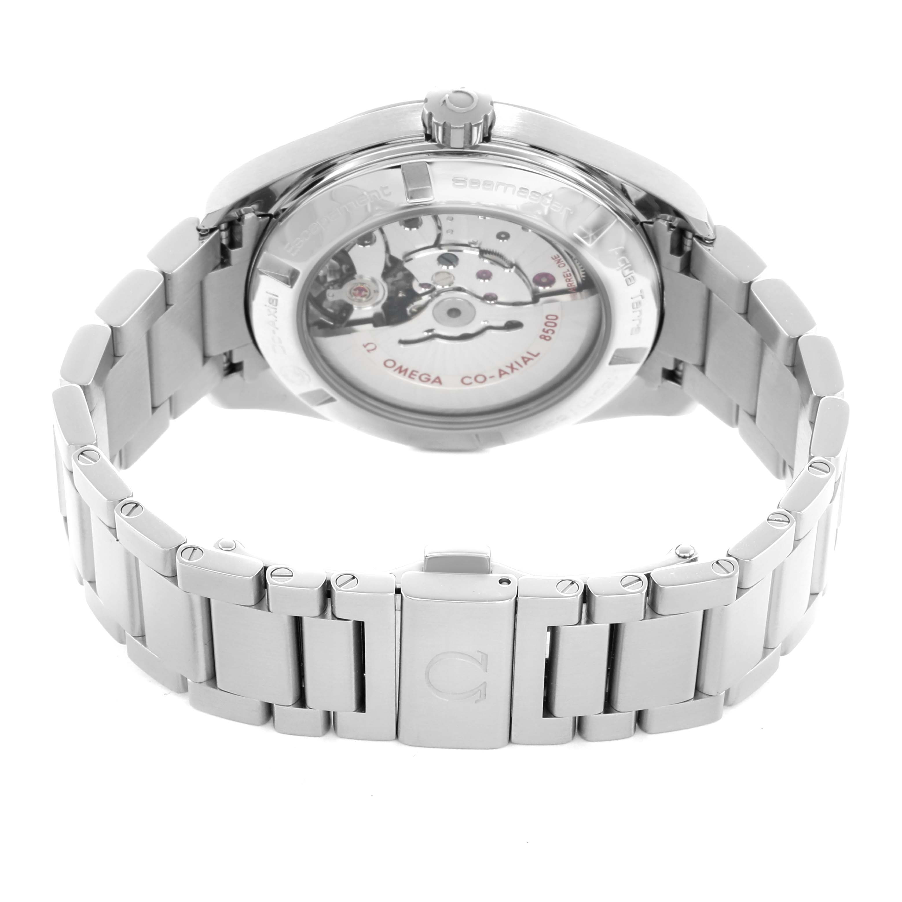 The Omega Aqua Terra 231.10.42.21.06.001 Men
s Stainless Steel Grey Dial watch is shown from the back, displaying its open case back and metal bracelet.