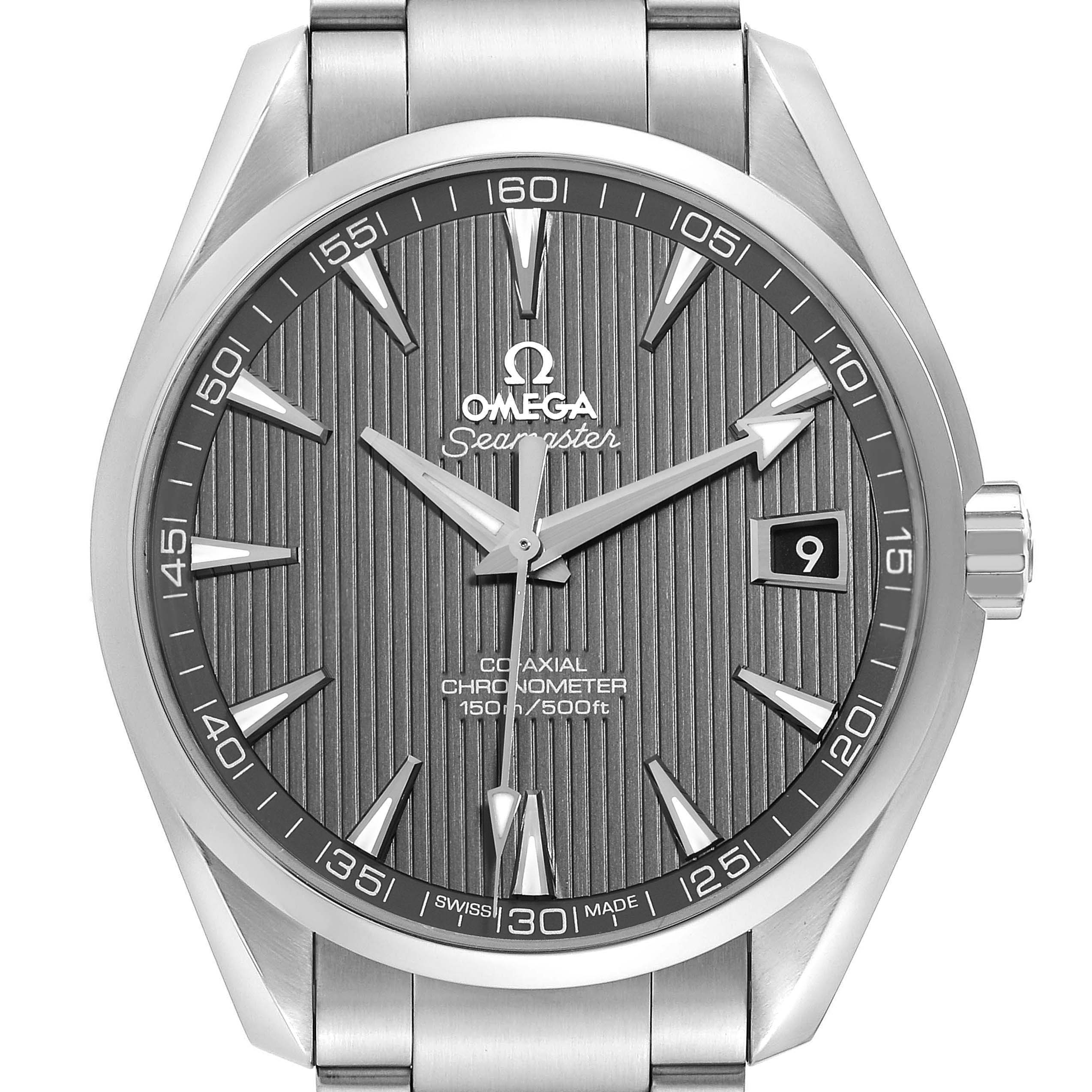 The Omega Aqua Terra 231.10.42.21.06.001 Men
s Stainless Steel Grey Dial watch is shown from a front angle, displaying the dial, hands, date window, and part of the bracelet.
