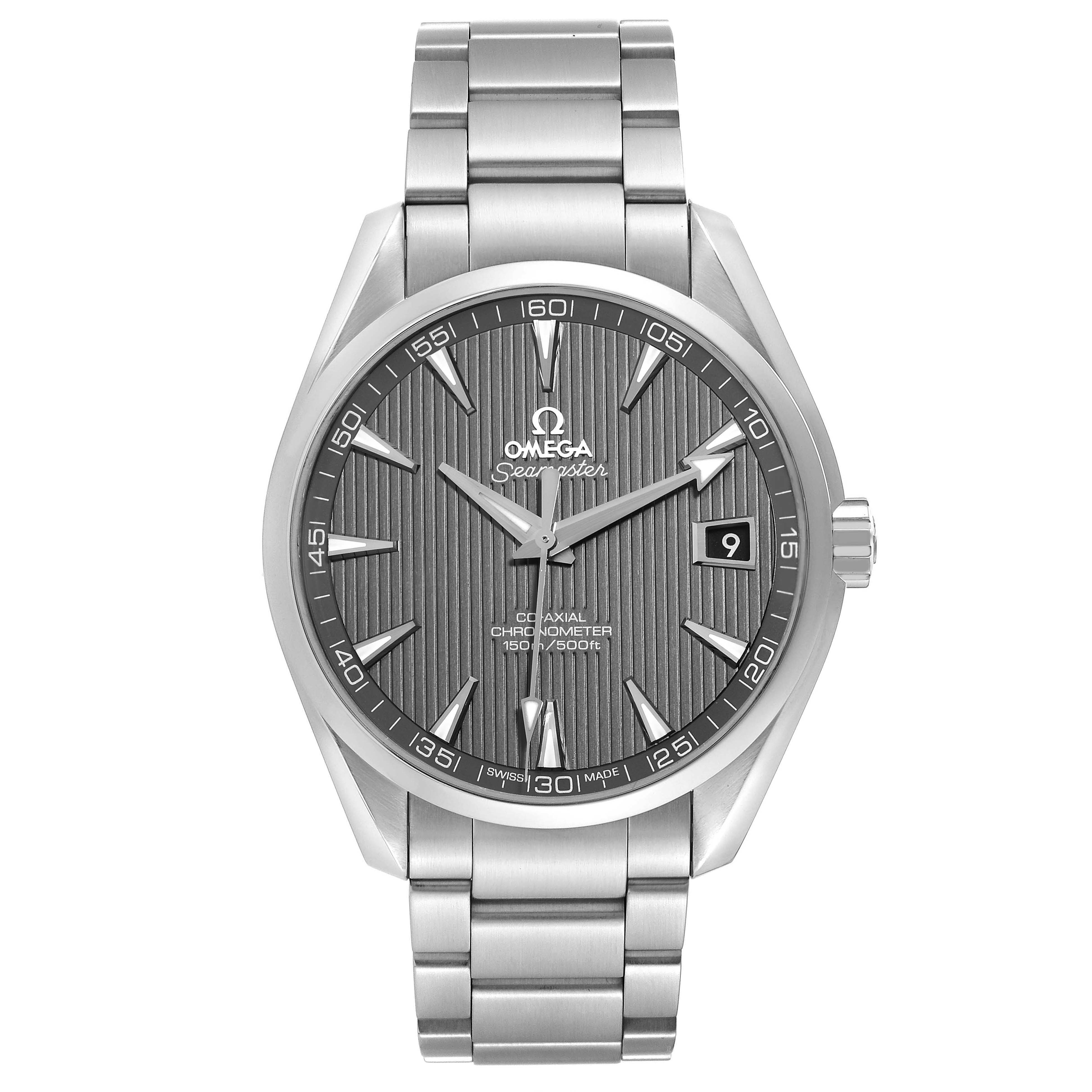 The image shows a front view of the Omega Aqua Terra 231.10.42.21.06.001 Men
s Stainless Steel Grey Dial watch, featuring the dial, case, and bracelet.