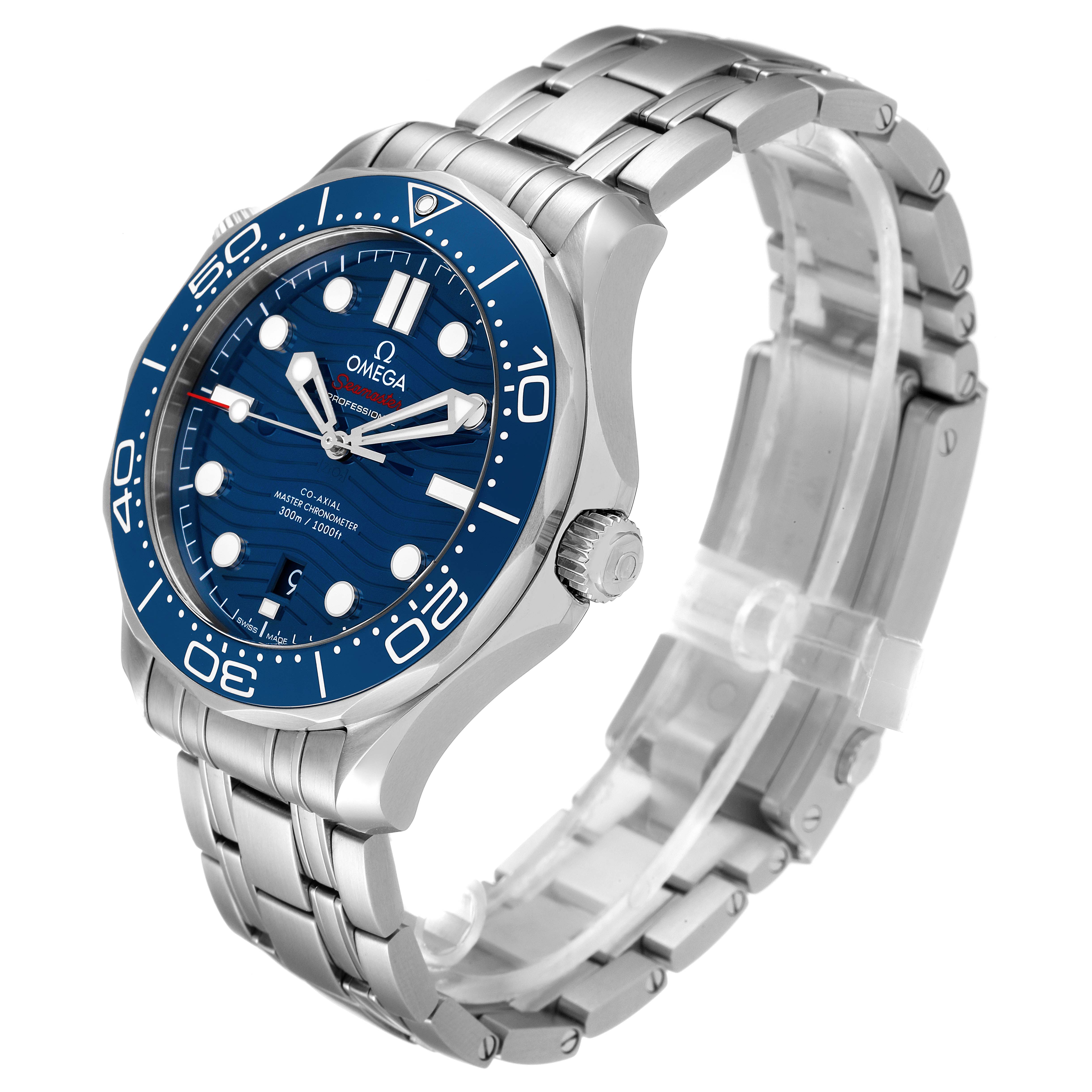 The Omega Seamaster 210.30.42.20.03.001 Men's Stainless Steel Blue Dial 210.30.42.20.03.001 Men's Stainless Steel Blue Dial model is shown at a slightly tilted angle, highlighting the watch face, bezel, crown, and metal band.