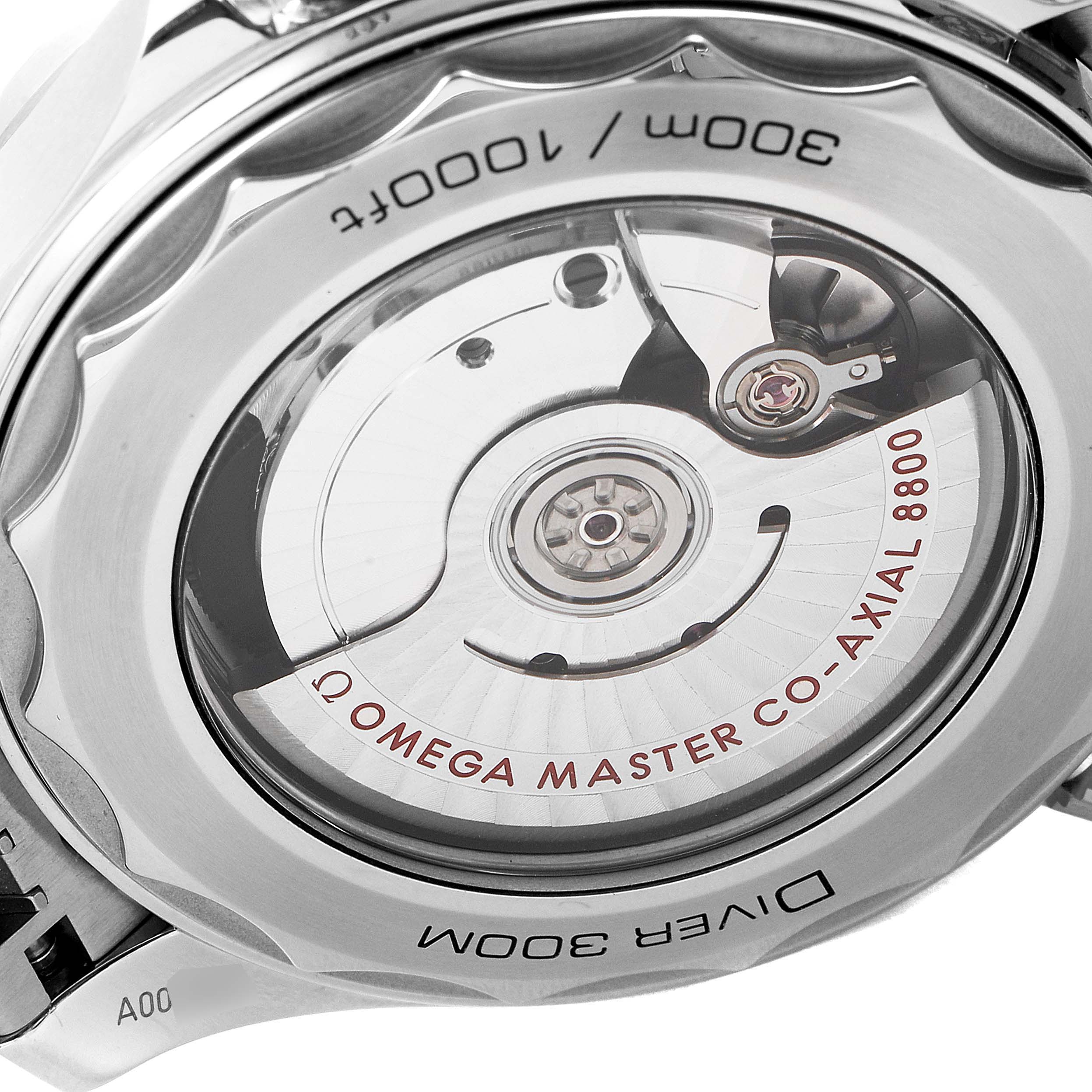 The image shows the back view of the Omega Seamaster 210.30.42.20.03.001 Men's Stainless Steel Blue Dial 210.30.42.20.03.001 Men's Stainless Steel Blue Dial watch, highlighting its Omega Master Co-Axial 8800 movement.