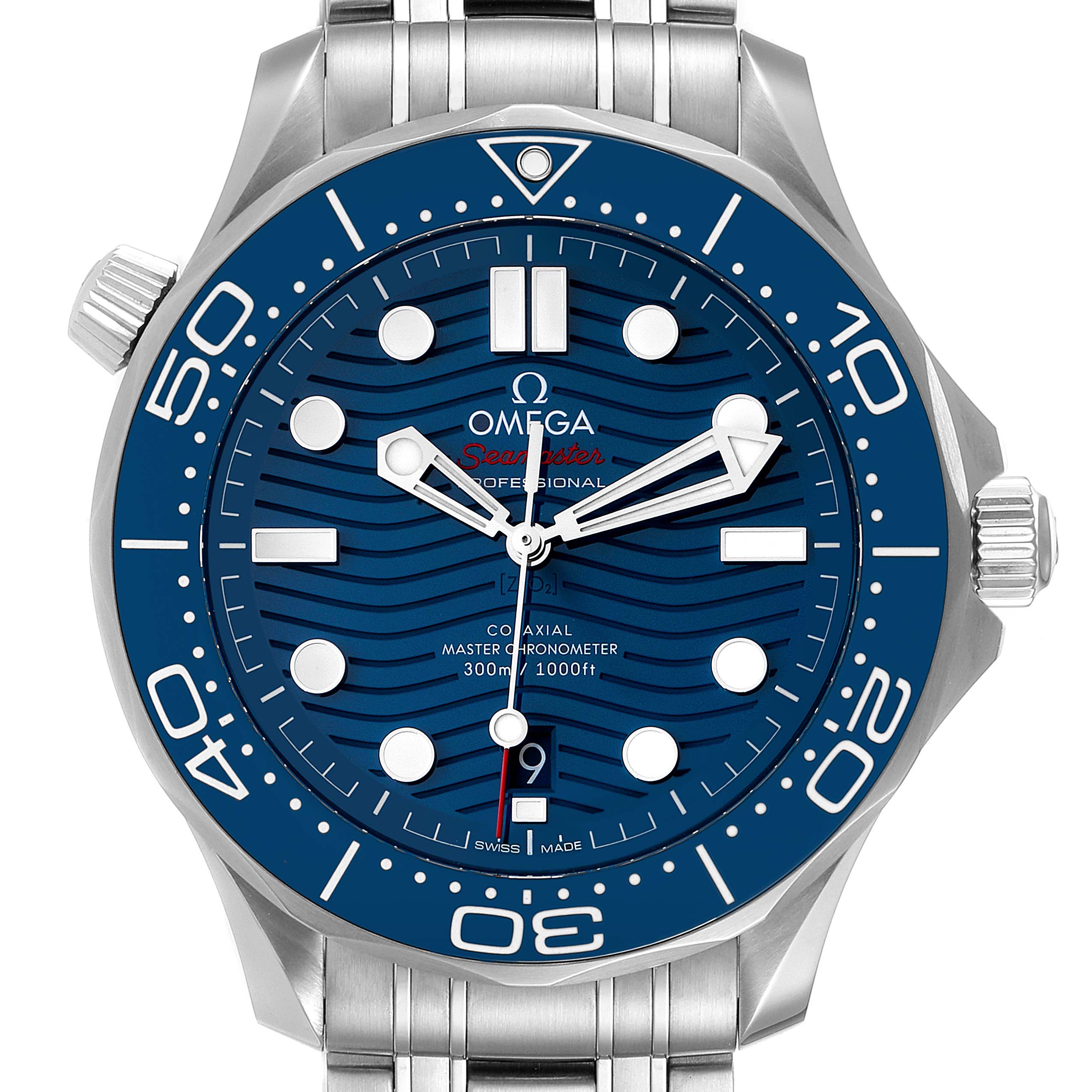This image shows a front view of the Omega Seamaster 210.30.42.20.03.001 Men's Stainless Steel Blue Dial 210.30.42.20.03.001 Men's Stainless Steel Blue Dial watch, including its blue dial, bezel, and stainless steel strap.