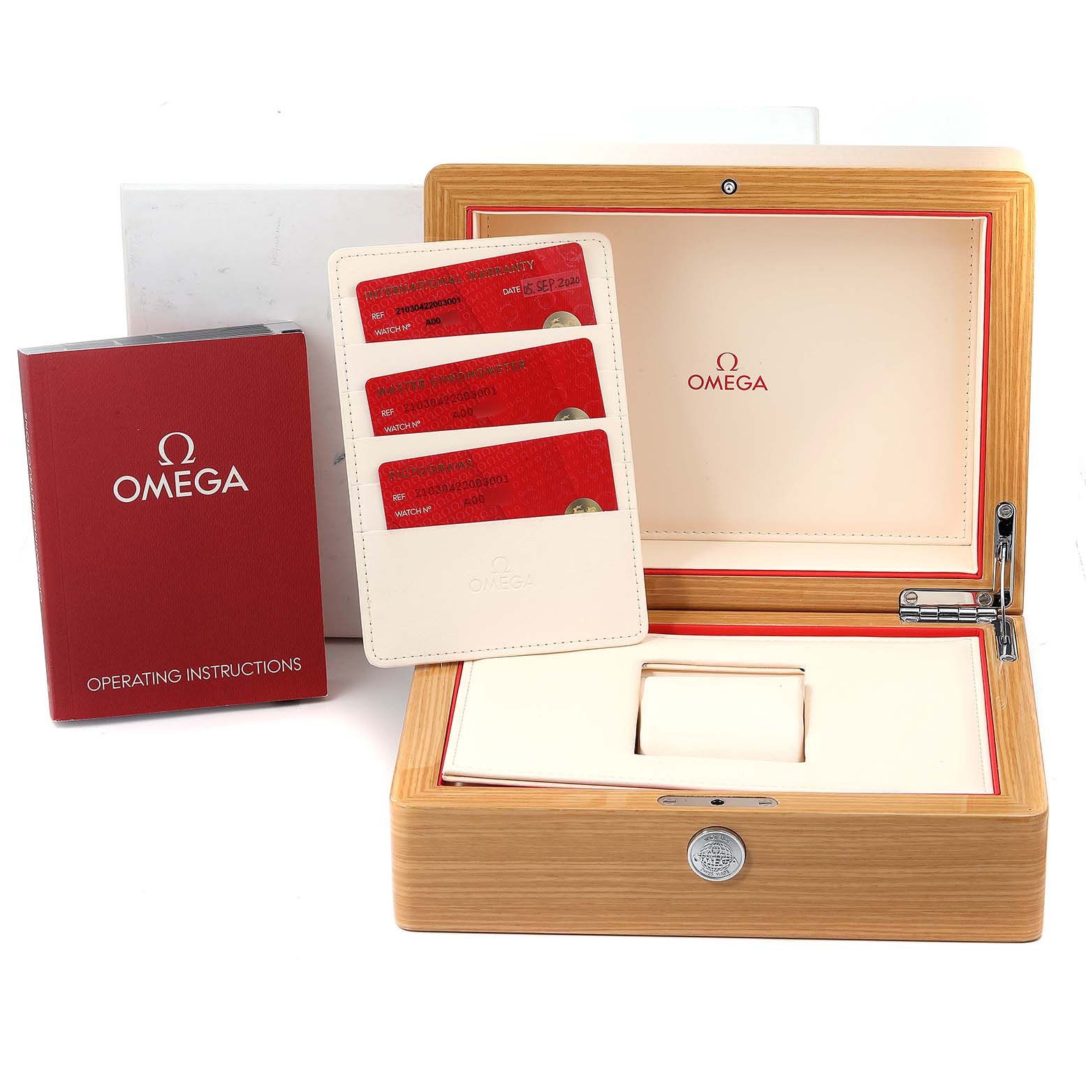 The image shows an Omega Seamaster 210.30.42.20.03.001 Men's Stainless Steel Blue Dial 210.30.42.20.03.001 Men's Stainless Steel Blue Dial watch case, instruction booklet, and warranty cards from a front angle.