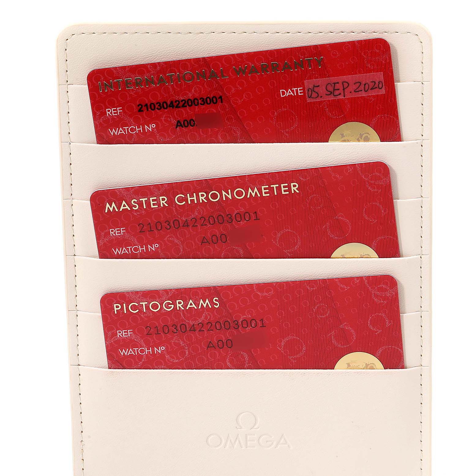 The image shows an Omega Seamaster 210.30.42.20.03.001 Men's Stainless Steel Blue Dial 210.30.42.20.03.001 Men's Stainless Steel Blue Dial watch's documentation including the International Warranty, Master Chronometer, and Pictograms cards in a holder.