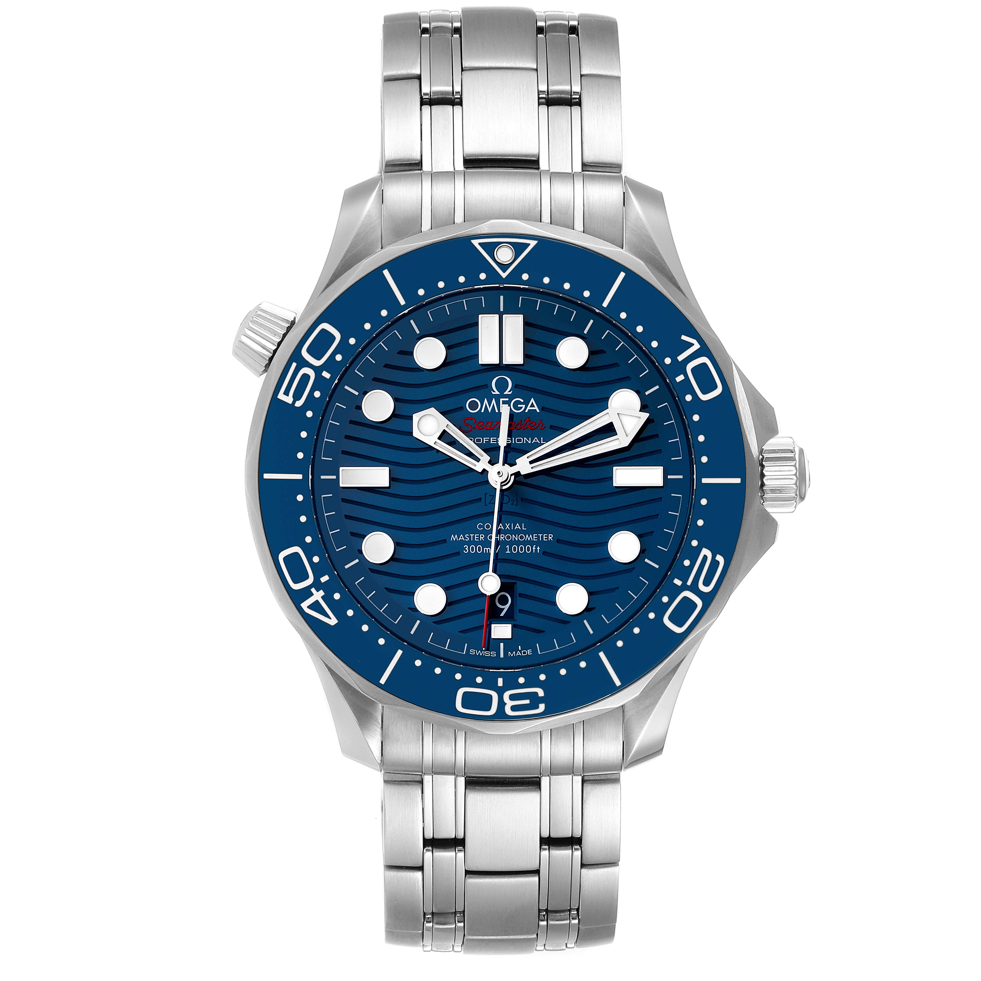 This image shows a direct front view of the Omega Seamaster 210.30.42.20.03.001 Men's Stainless Steel Blue Dial 210.30.42.20.03.001 Men's Stainless Steel Blue Dial watch, highlighting its blue dial, bezel, and metal bracelet.