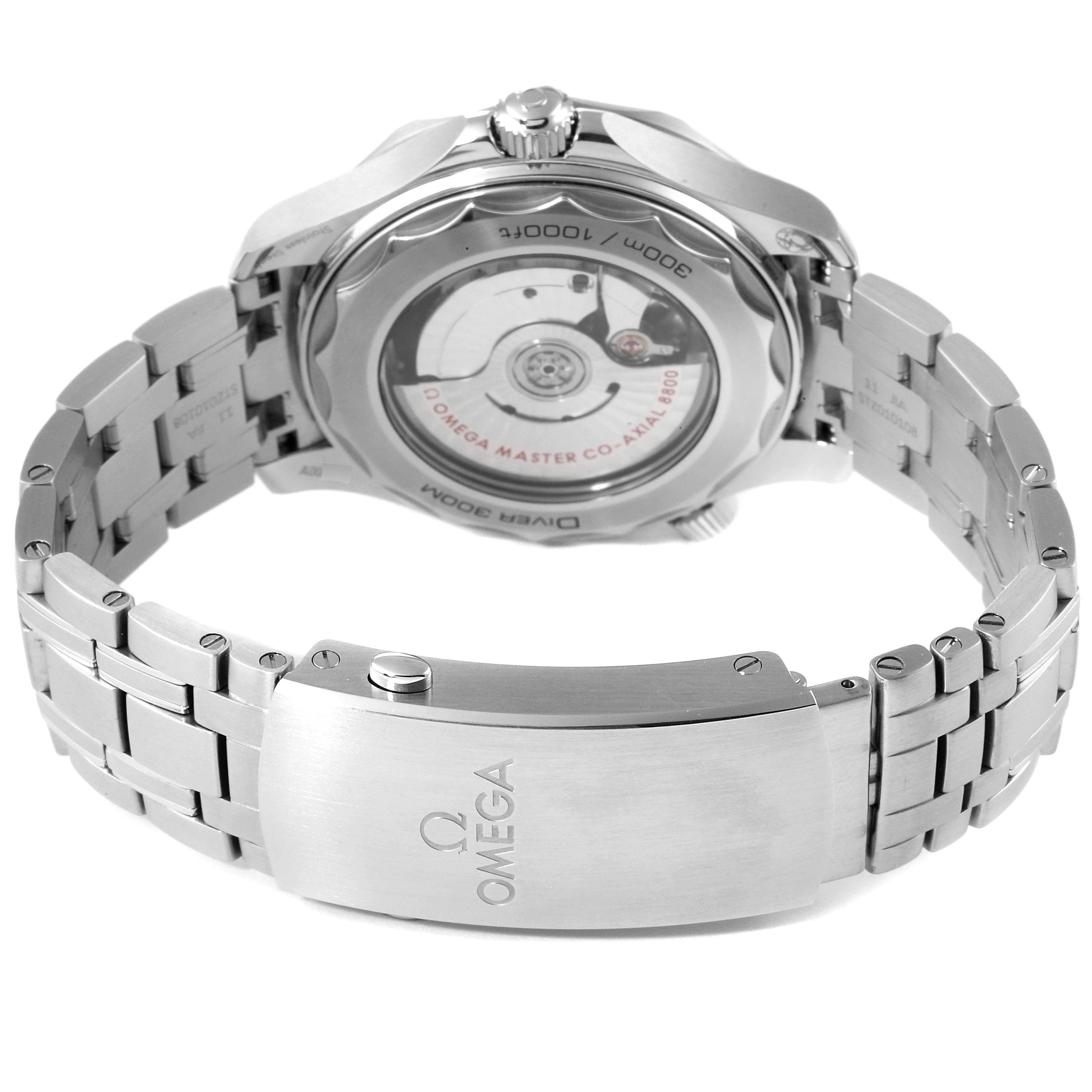 The image shows the back view of an Omega Seamaster 210.30.42.20.03.001 Men's Stainless Steel Blue Dial 210.30.42.20.03.001 Men's Stainless Steel Blue Dial watch, highlighting its mechanism and stainless steel bracelet with clasp.