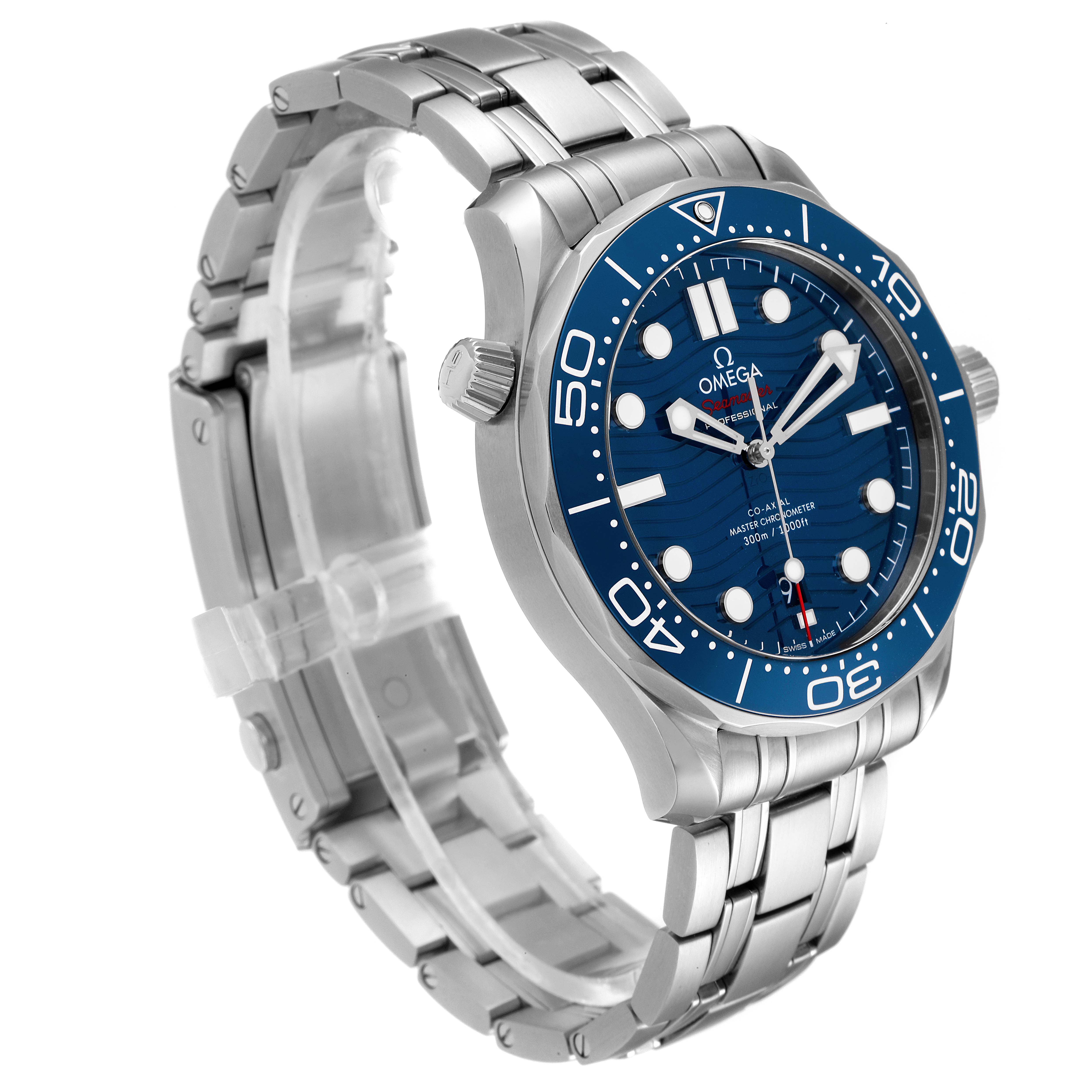 The Omega Seamaster 210.30.42.20.03.001 Men's Stainless Steel Blue Dial 210.30.42.20.03.001 Men's Stainless Steel Blue Dial watch is shown at a three-quarter angle, highlighting the face, crown, and bracelet.