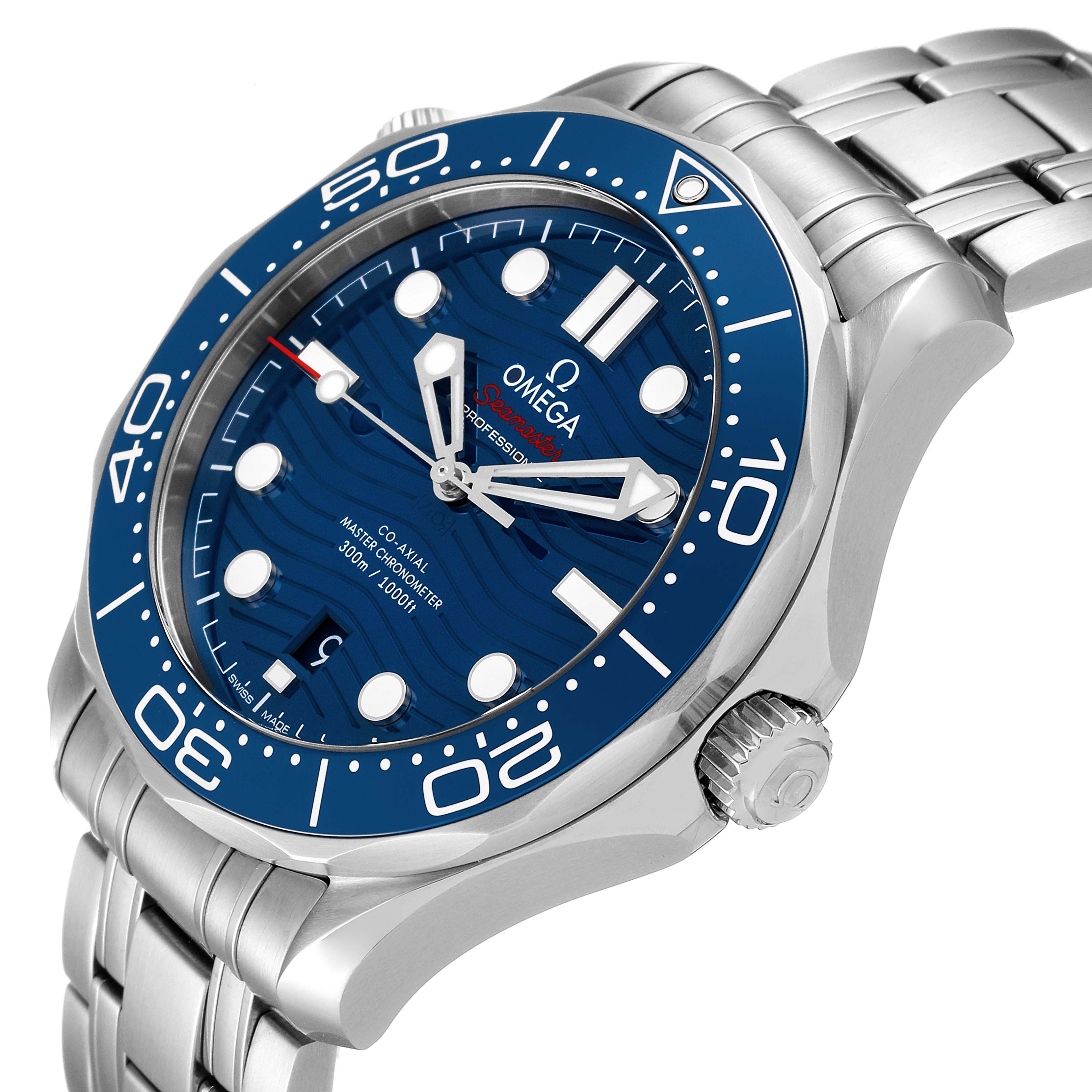 This image shows a close-up angled view of the Omega Seamaster 210.30.42.20.03.001 Men's Stainless Steel Blue Dial 210.30.42.20.03.001 Men's Stainless Steel Blue Dial watch, highlighting the dial, bezel, crown, and bracelet.